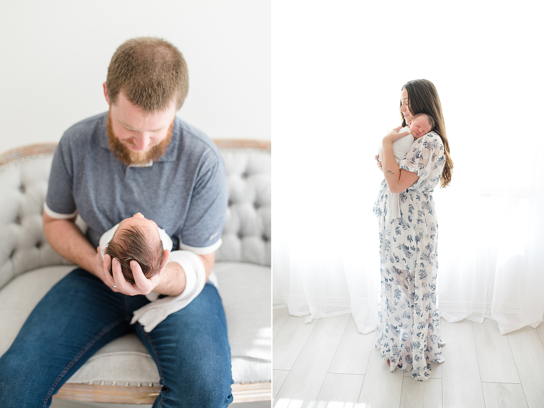 mom and dad hold their newborn by natural light in Dallas Studio