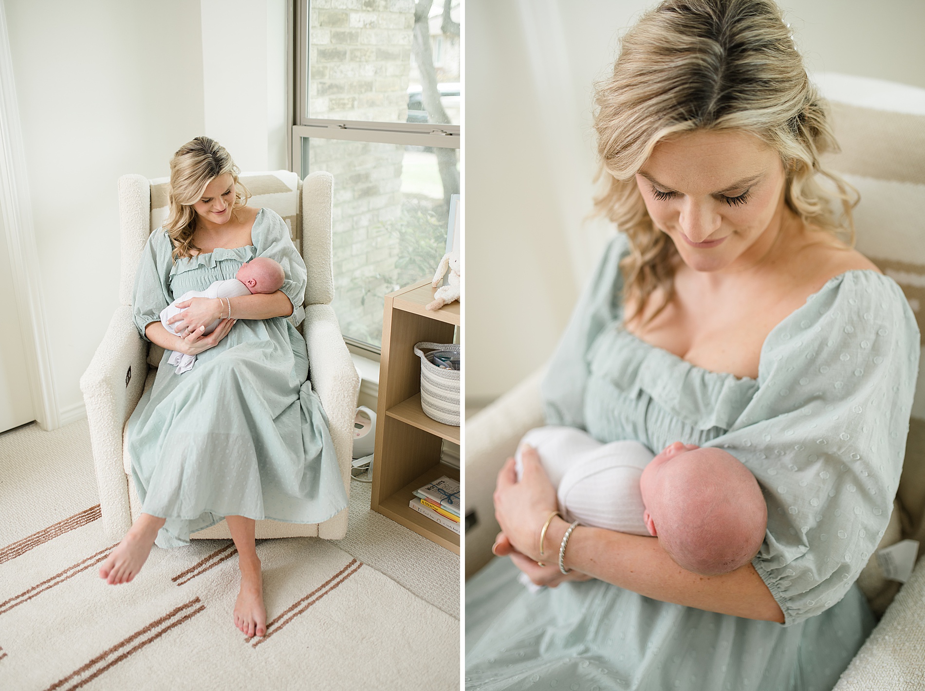 new mom holds her baby boy in her arms during Cozy In-Home Newborn session photographed by Lindsey Dutton Photography, a Dallas Newborn photographer
