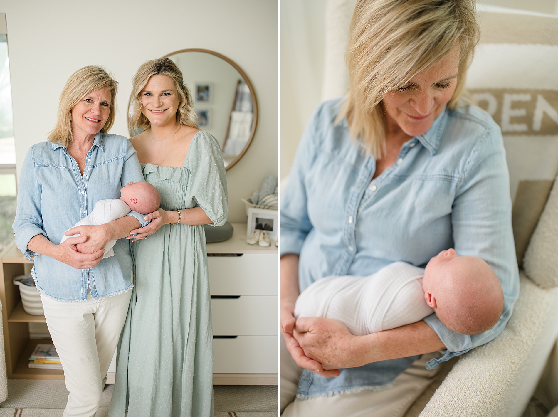 mom and grandma hold newborn boy during Cozy In-Home Newborn Session photographed by Lindsey Dutton Photography, a Dallas Newborn photographer
