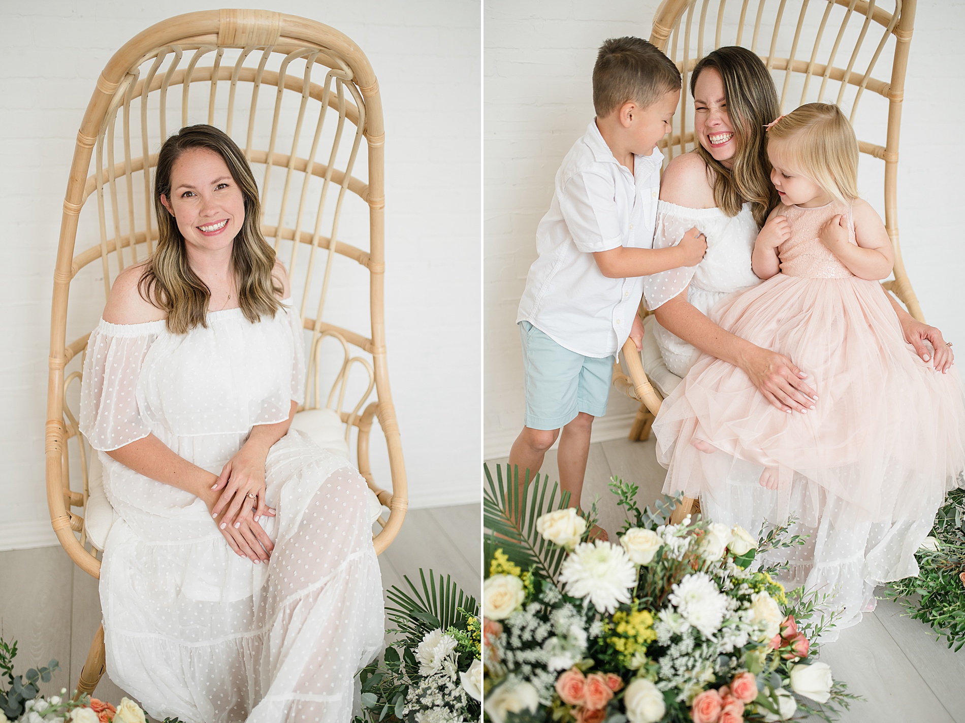 mom sits in wicker fan share with her two kids taken by Lindsey Dutton Photography, a Dallas newborn photographer
