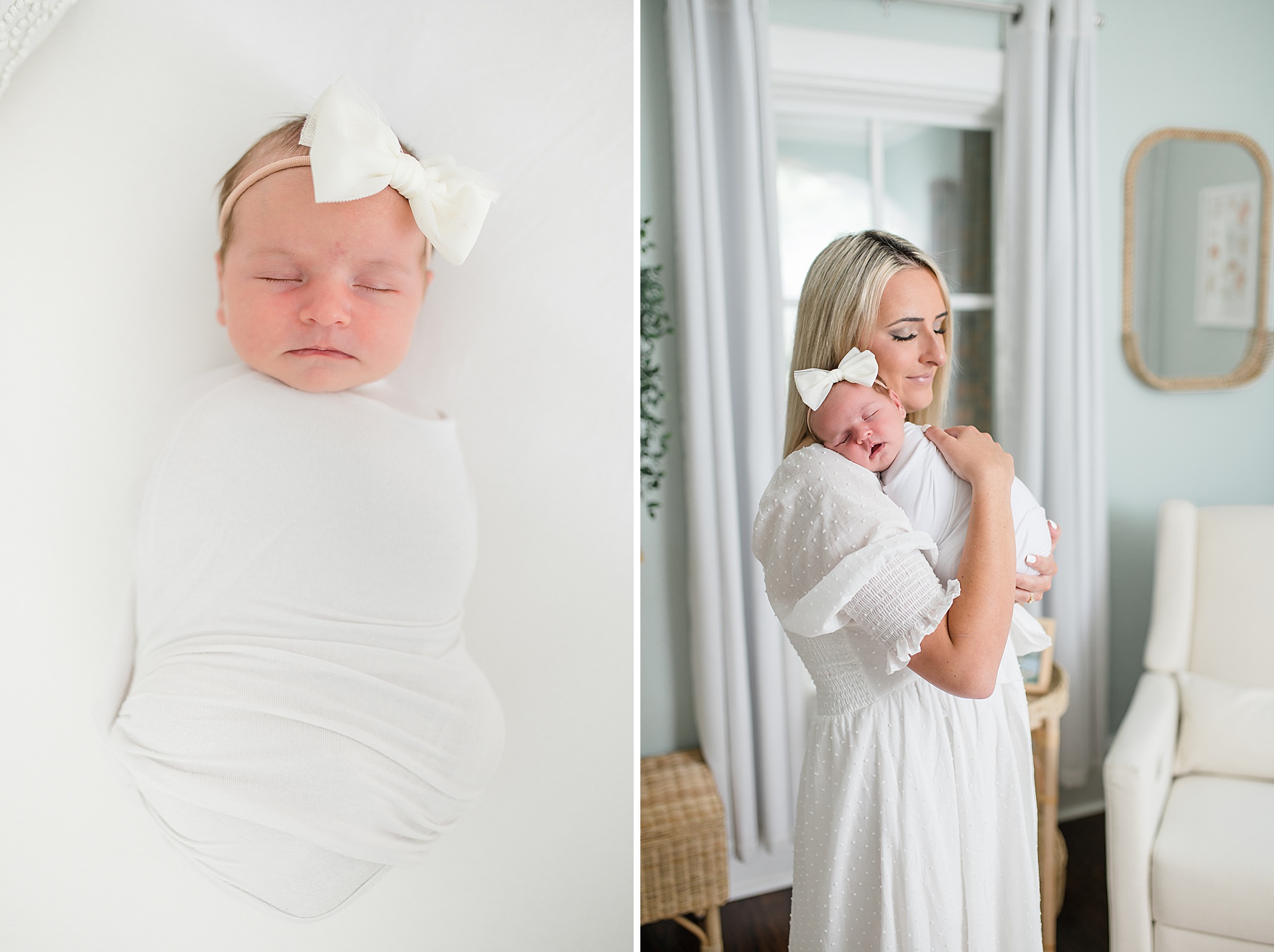 newborn girl swaddled in white with mom during newborn session taken by Lindsey Dutton Photography, a Dallas Newborn Photographer