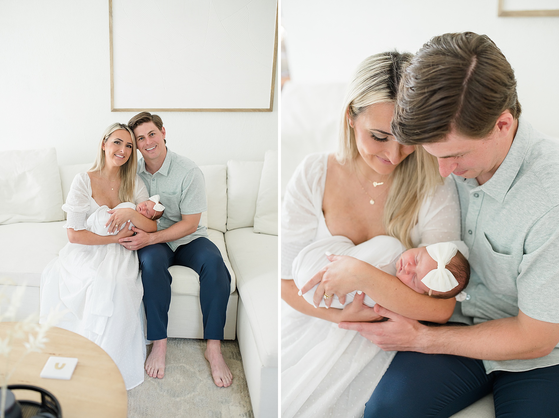 parents look down at newborn girl sleeping in arms photographed by  Dallas Newborn Photographer, Lindsey Dutton Photography