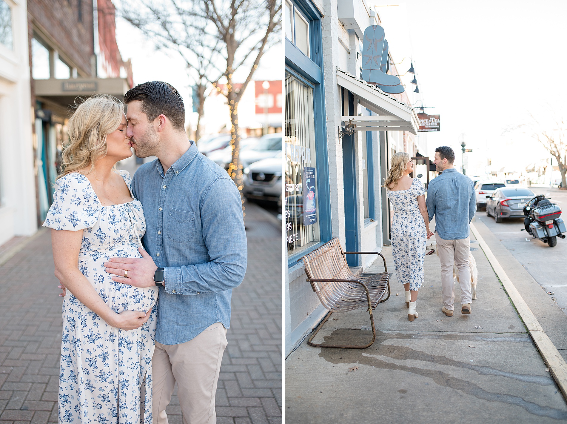 couple walk down street in Downtown Mckinney photographed by Lindsey Dutton Photography, a Dallas Family photographer
