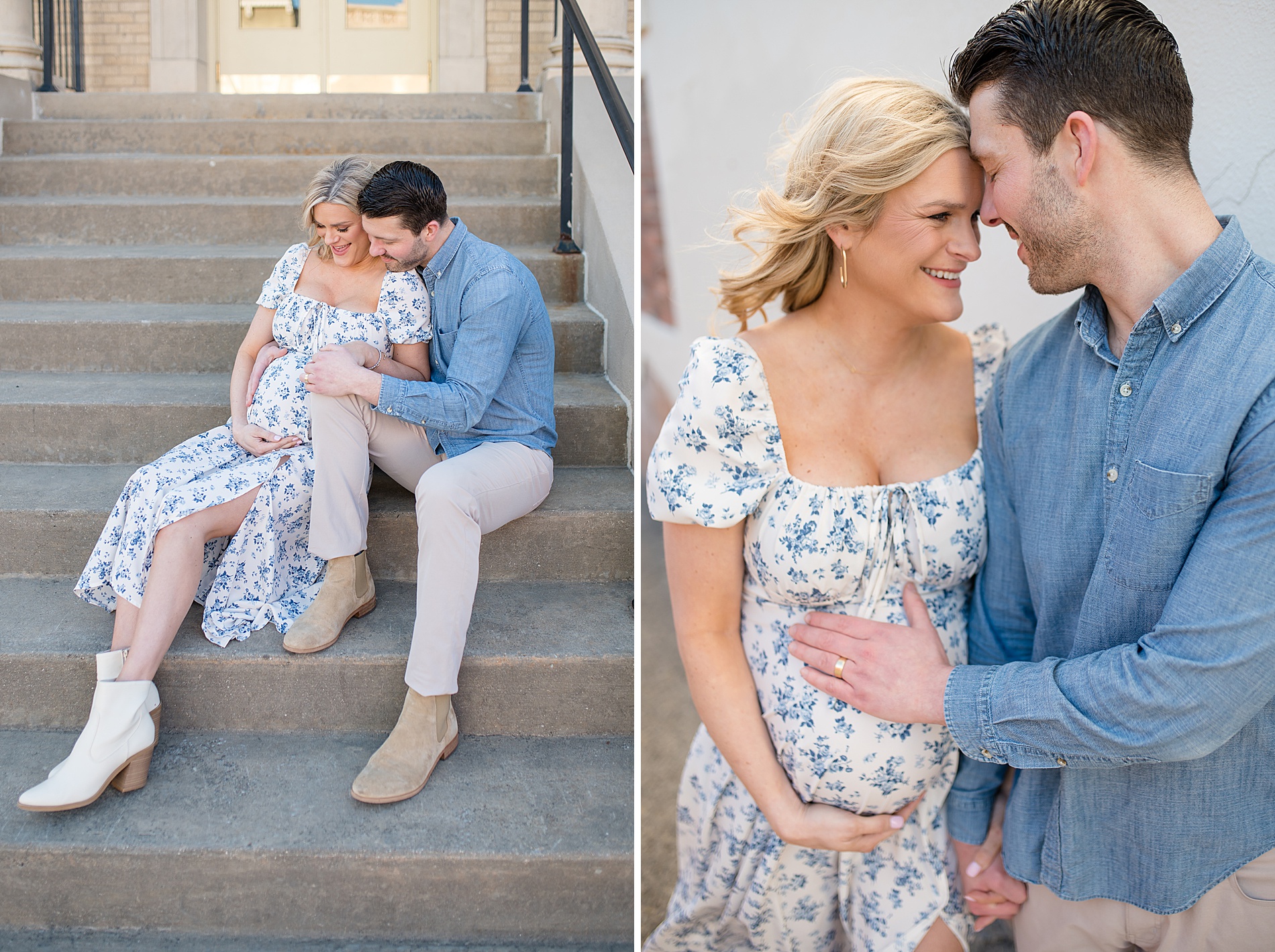 couple sit on stairs during maternity session in Downtown McKinney taken by Lindsey Dutton Photography, a Dallas Family photographer
