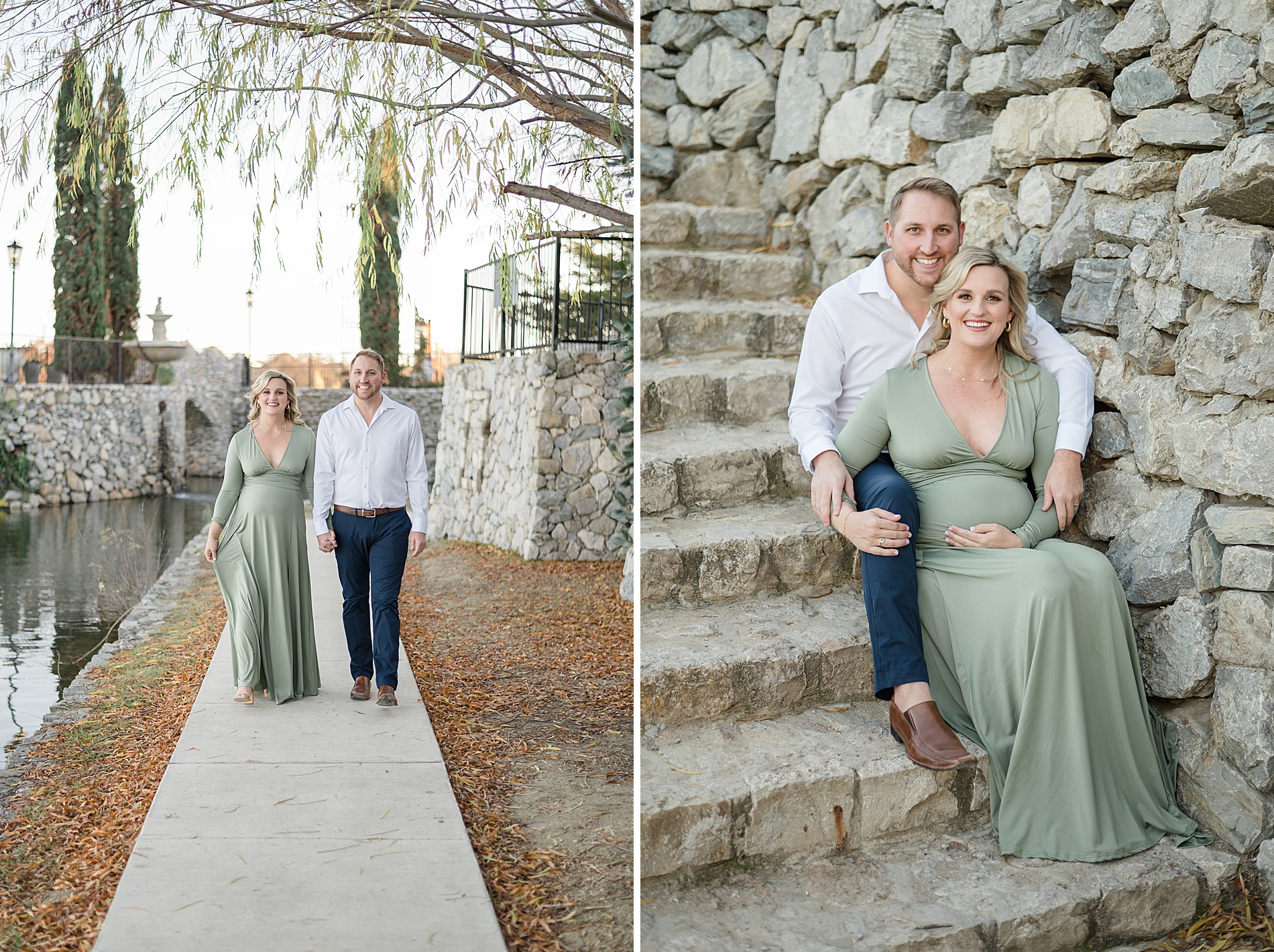 expectant parents sit on stone steps photographed by Lindsey Dutton Photography, a Dallas Family photographer
