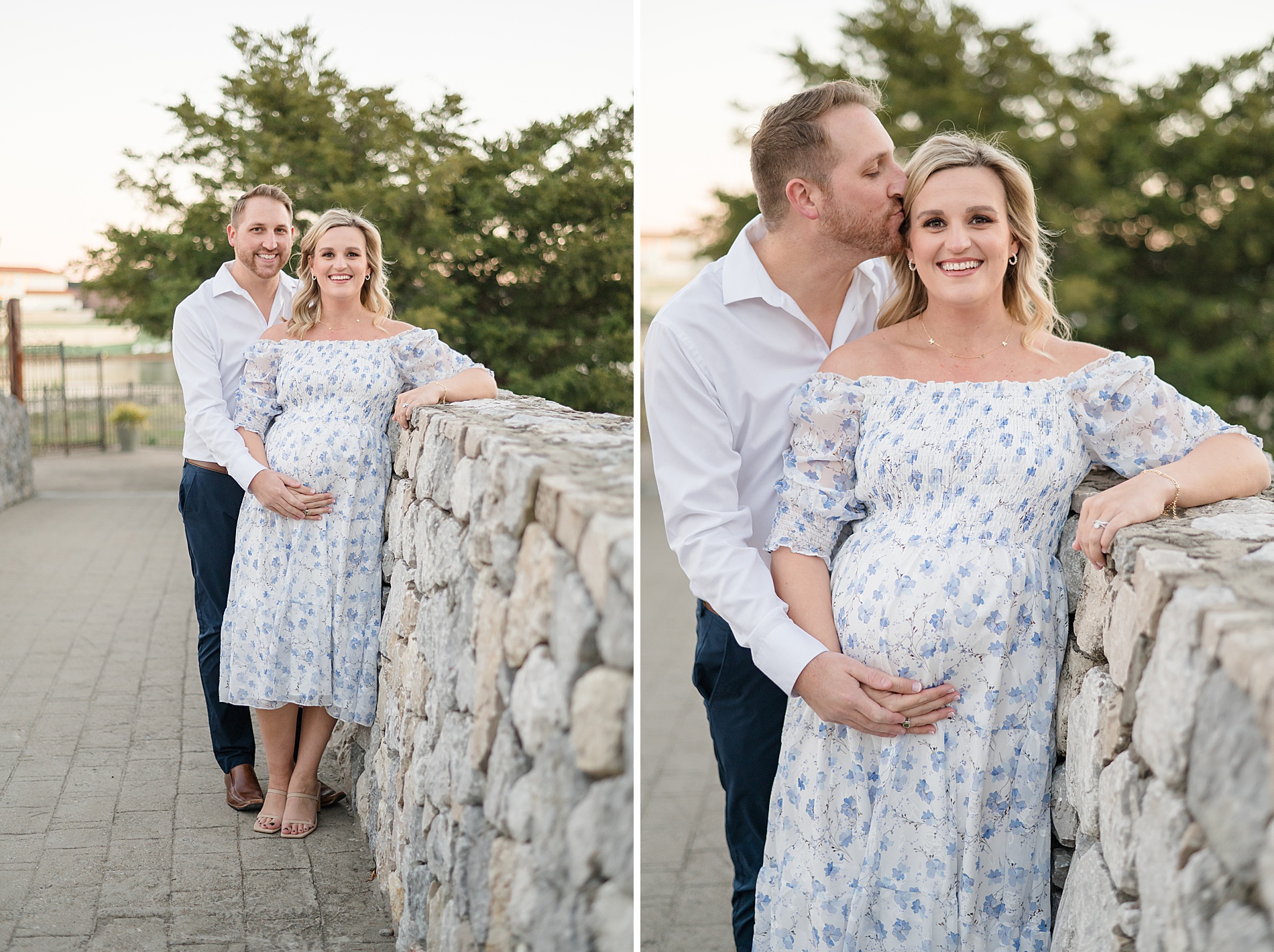 couple lean against stone wall in McKinney, TX from maternity portraits taken by Lindsey Dutton Photography, a Dallas Family photographer
