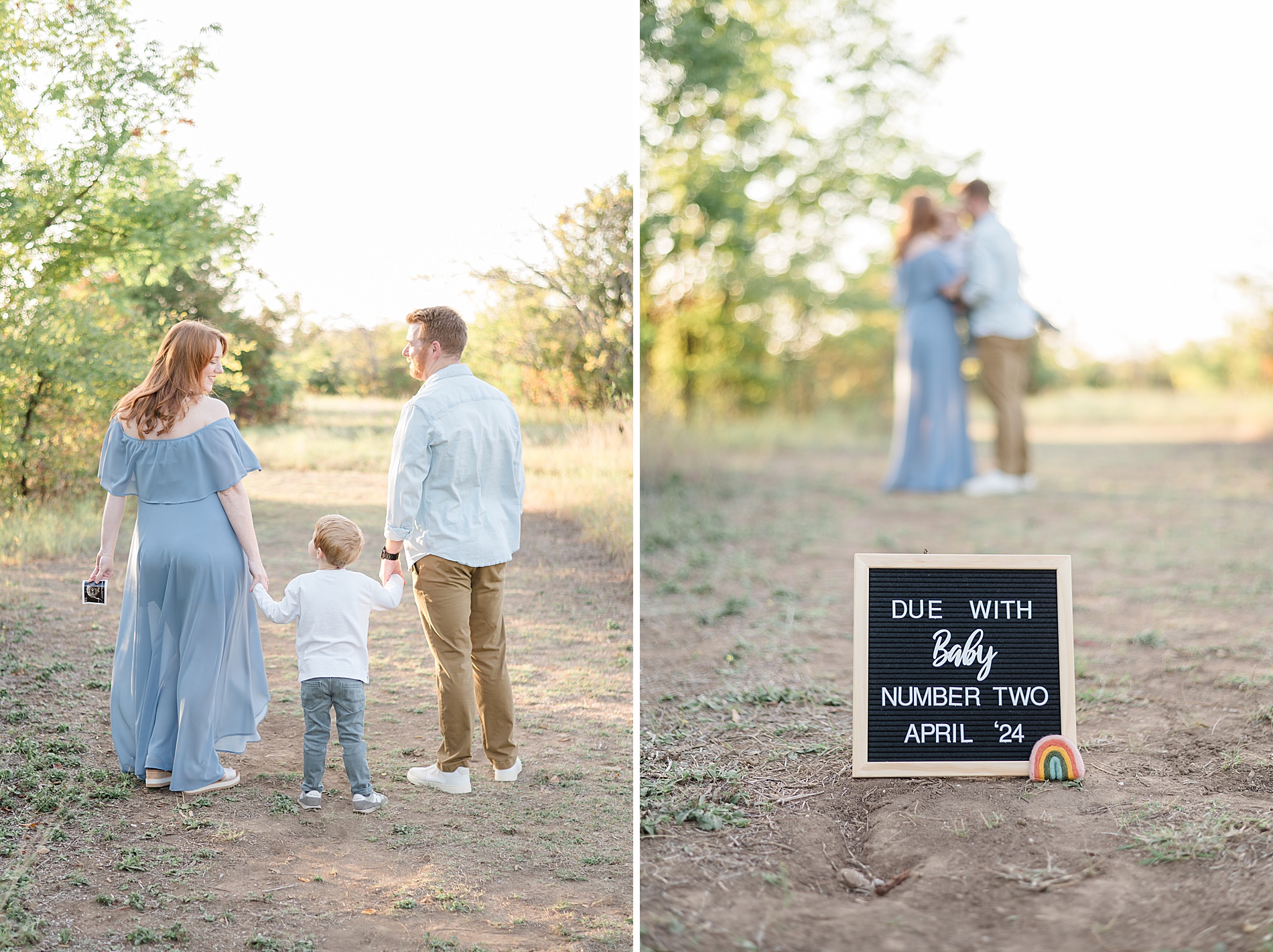 Pregnancy announcement sign that reads due with baby number two taken by Lindsey Dutton Photography, a Dallas maternity photographer
