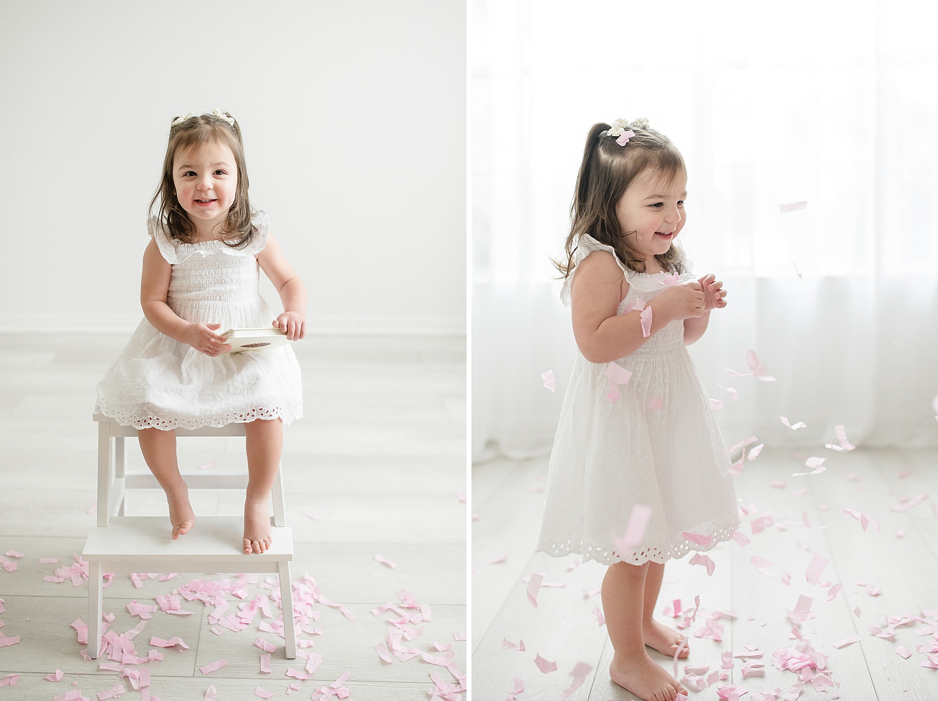 little girl plays in pink confetti from gender reveal photographed by Lindsey Dutton Photography, a Dallas Maternity photographer