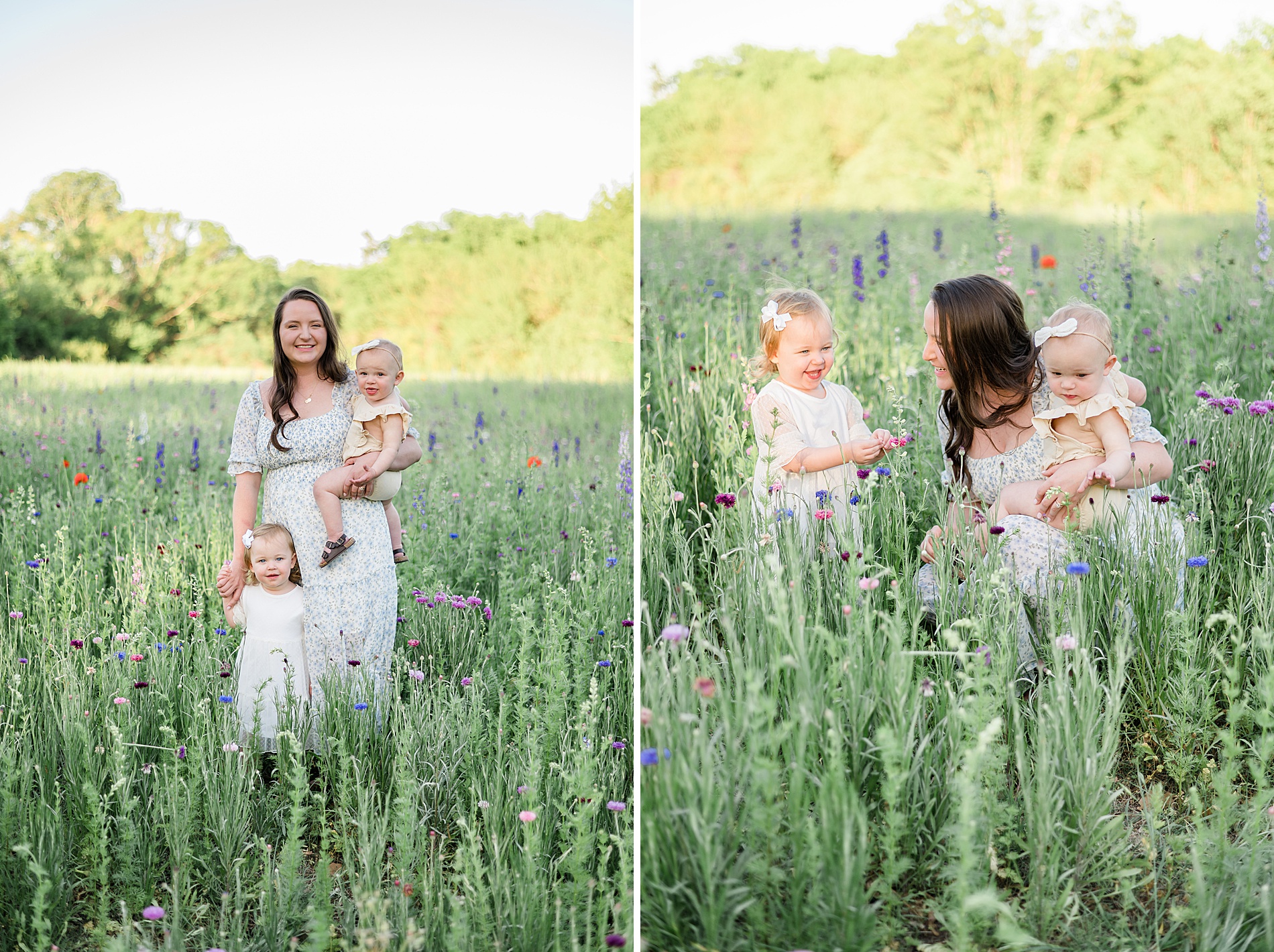 mom with her two daughters sitting in field of wildflowers during family session taken by Lindsey Dutton Photography, a Dallas family photographer