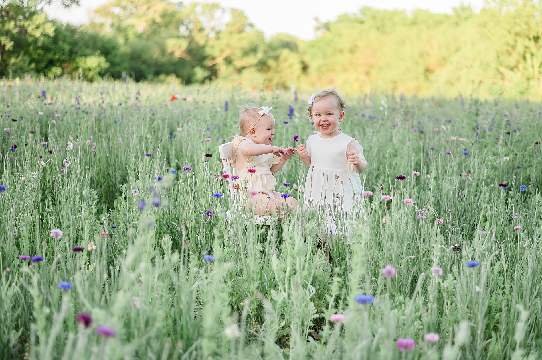 two sisters play with wildflowers during Texas family session photographed by Lindsey Dutton Photography, a Dallas family photographer