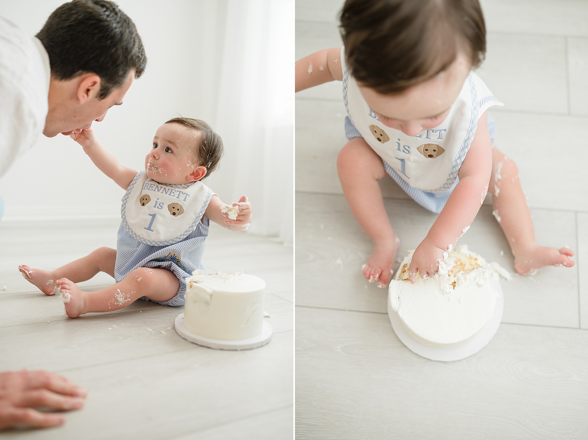 little boy tries to feed dad xake photographed by Lindsey Dutton Photography, a Dallas newborn photographer
