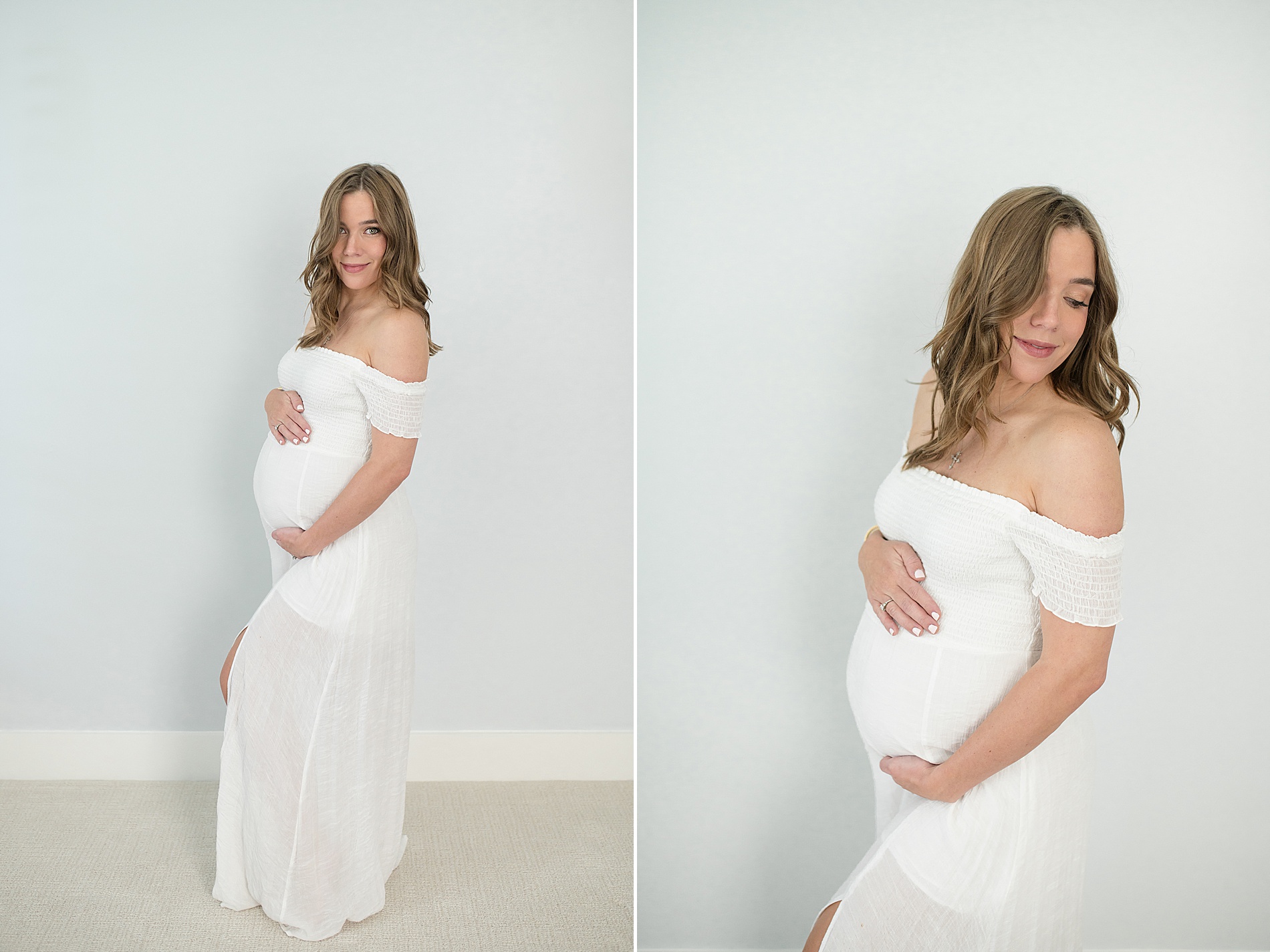 expectant mom in white dress holds her baby bump taken by Lindsey Dutton Photography, a Dallas Maternity photographer
