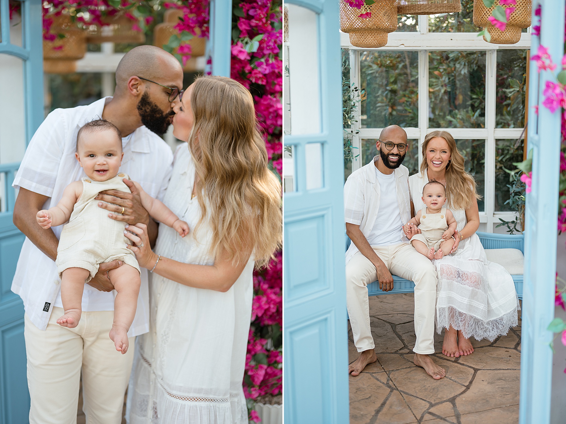 Family of three inside greenhouse taken by Lindsey Dutton Photography, a Dallas Family photographer
