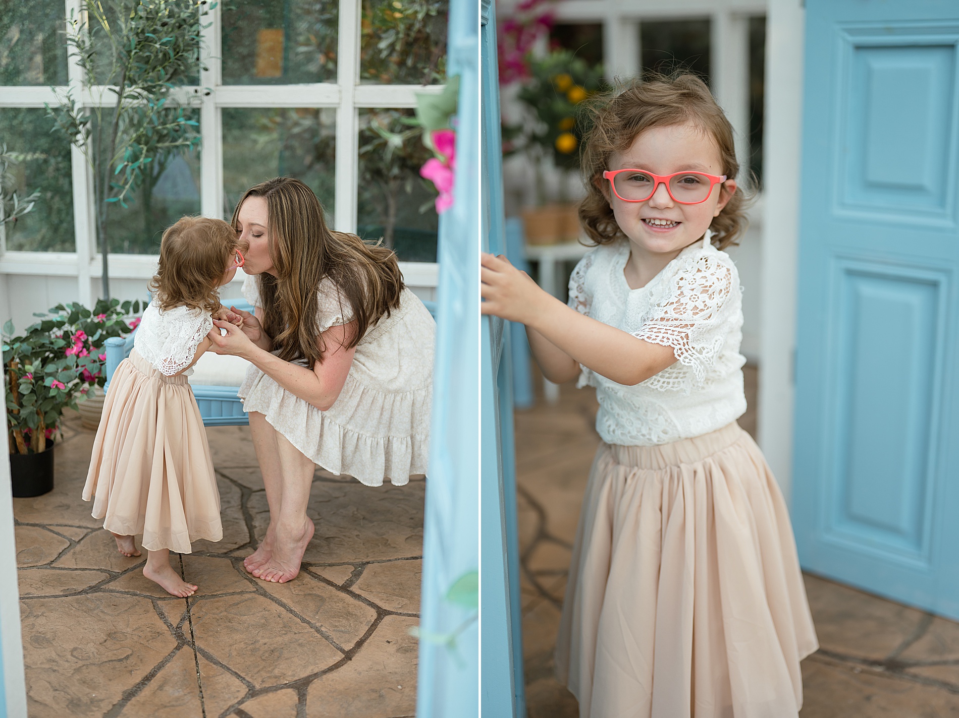 mom and daughter kissing in greenhouse at Lemon Drop Studios photographed by Lindsey Dutton Photography, a Dallas Family photographer
