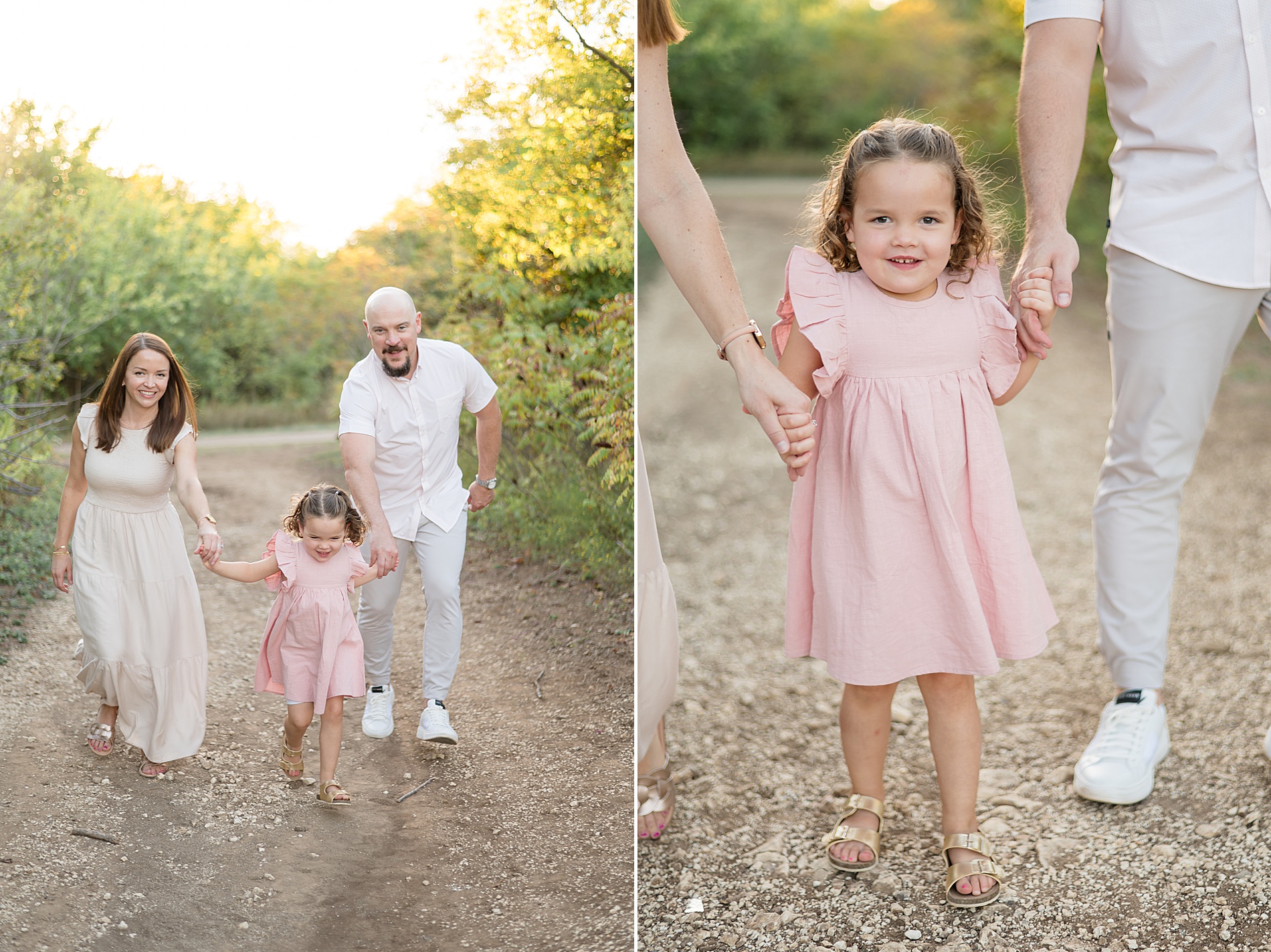 parents hold their daughter hands and walk together taken by Lindsey Dutton Photography, a Dallas Family photographer