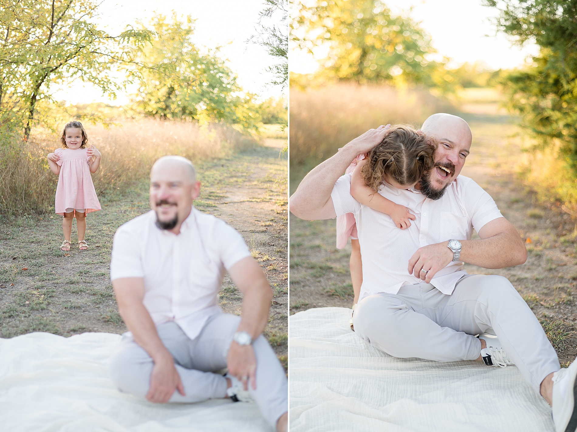 candid photo of little girl running up behind her dad photographed by Lindsey Dutton Photography, a Dallas Family photographer
