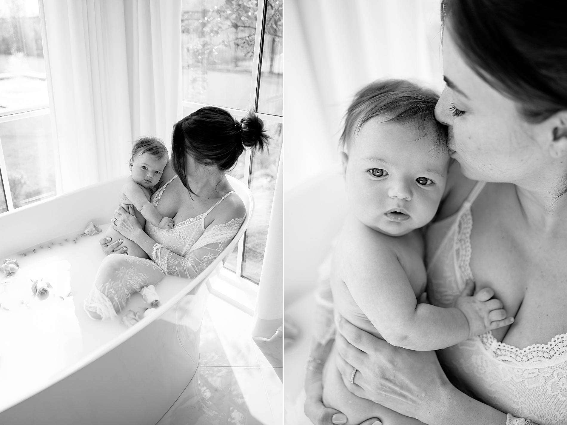 classic photos of mom and baby in milk bath 