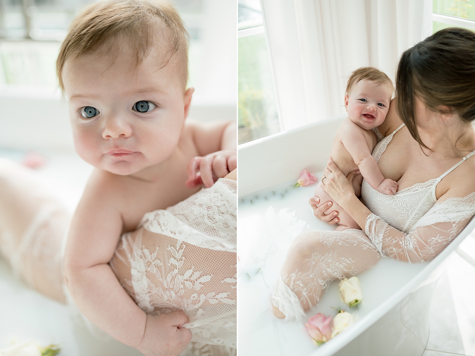 mom holds baby close during milk bath session