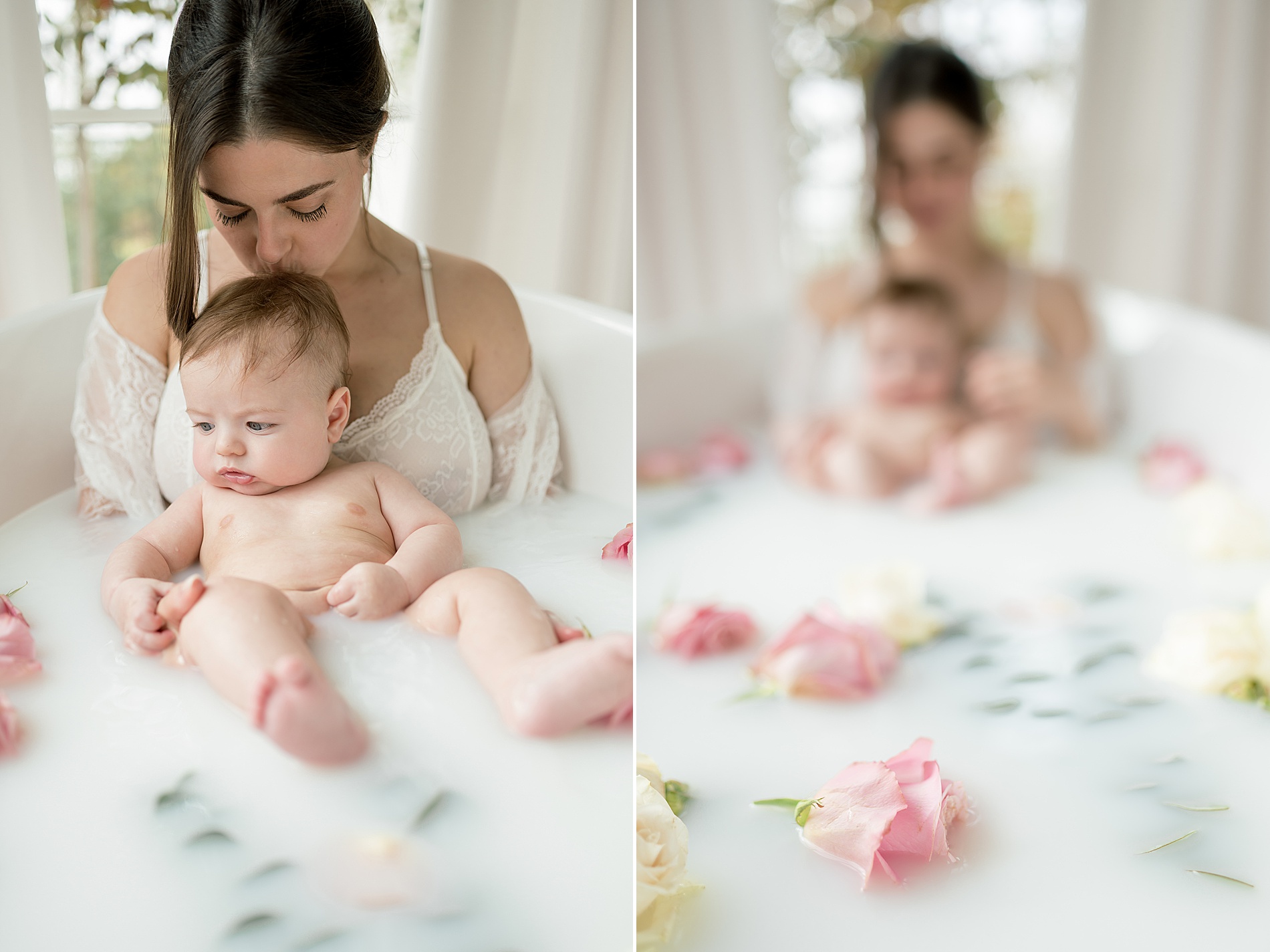 mom holds baby in milk bath during milestone session | Dallas Milestone photography