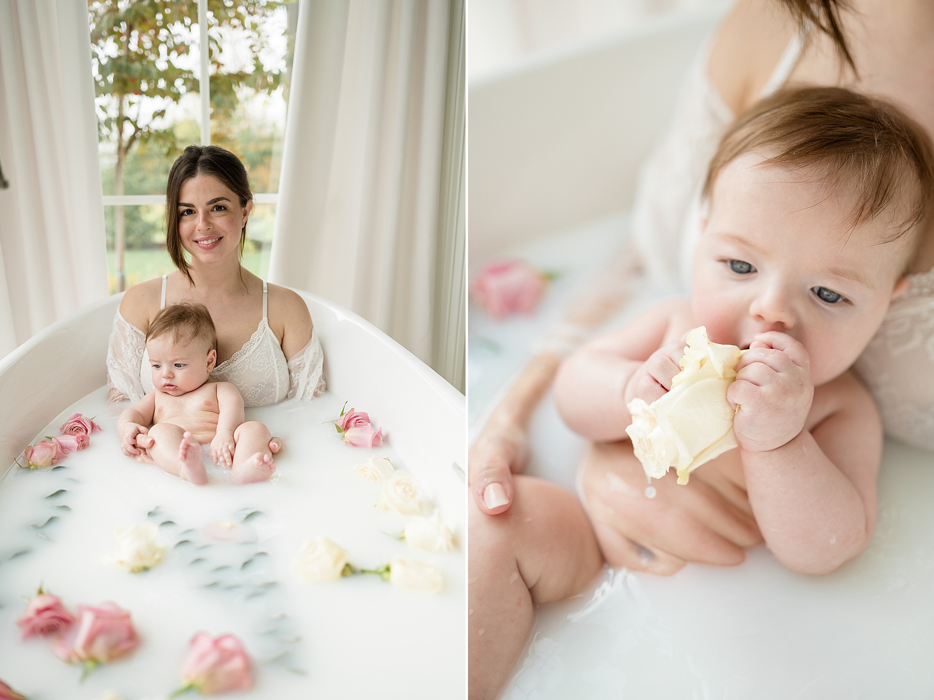 little one with mom during milk bath session | Dallas Milestone photography