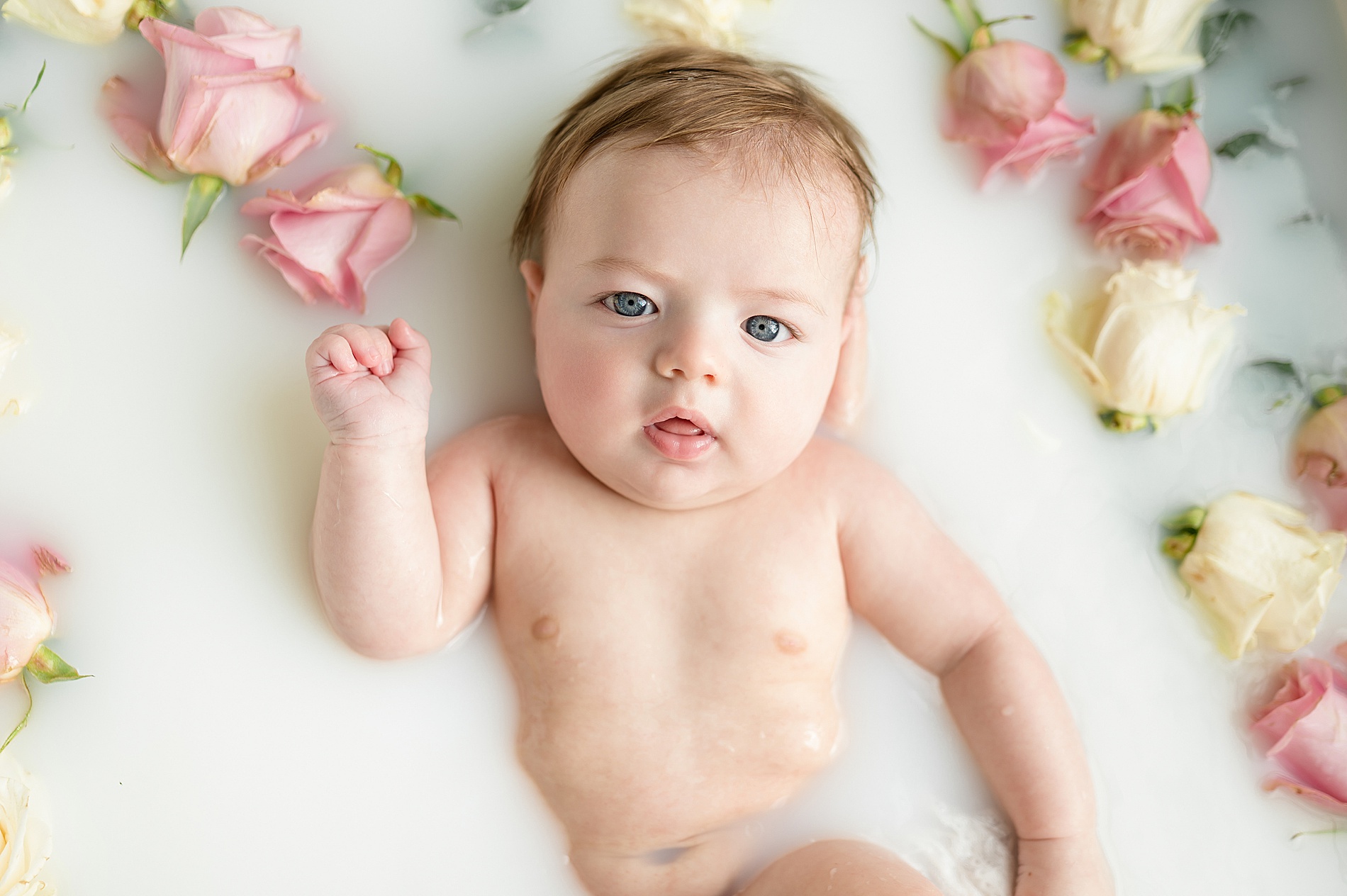 timeless milestone photography of 3 month old in milk bath