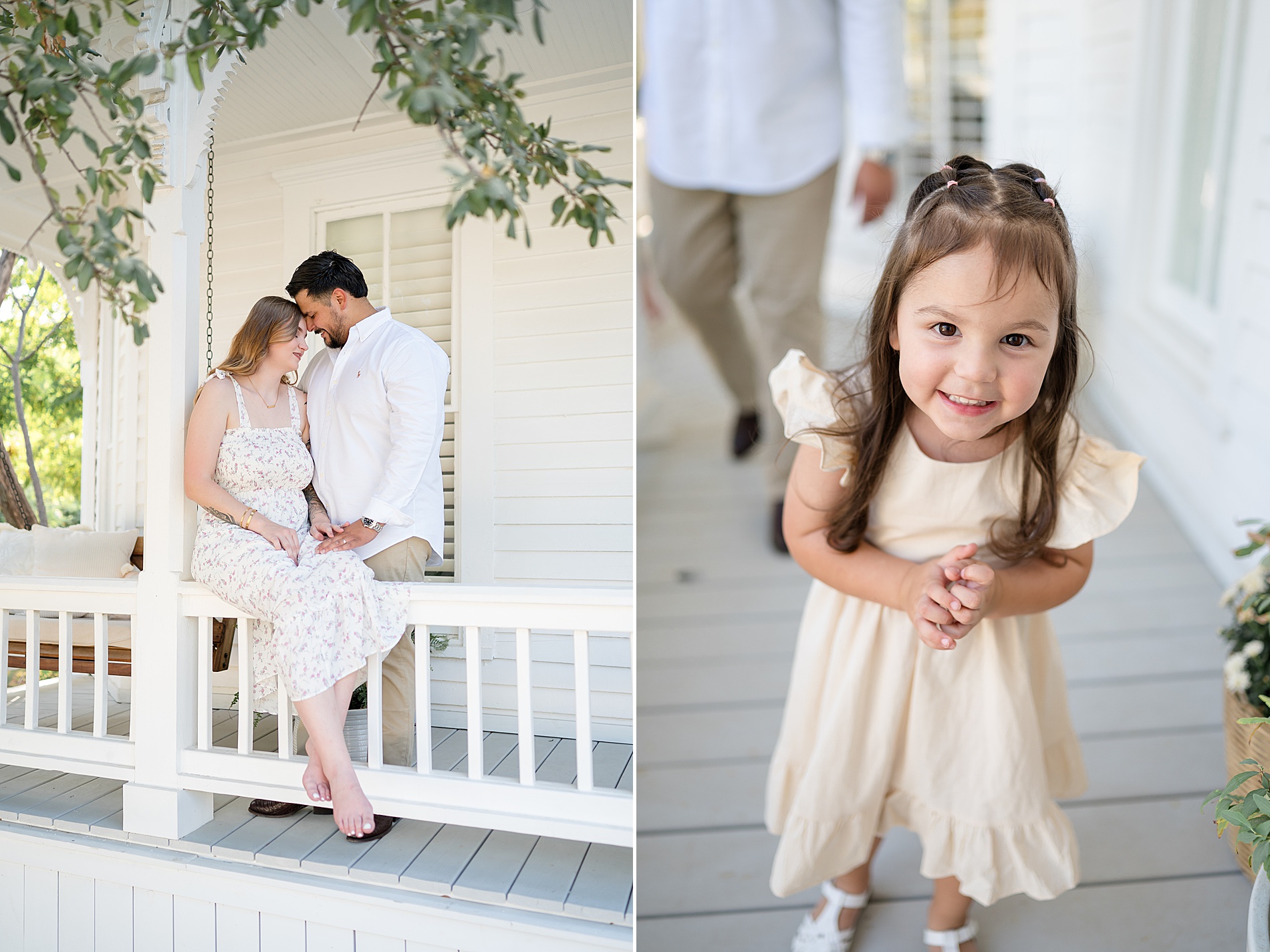 little girl on porch while parents lean on porch railing | McKinney, TX family photography