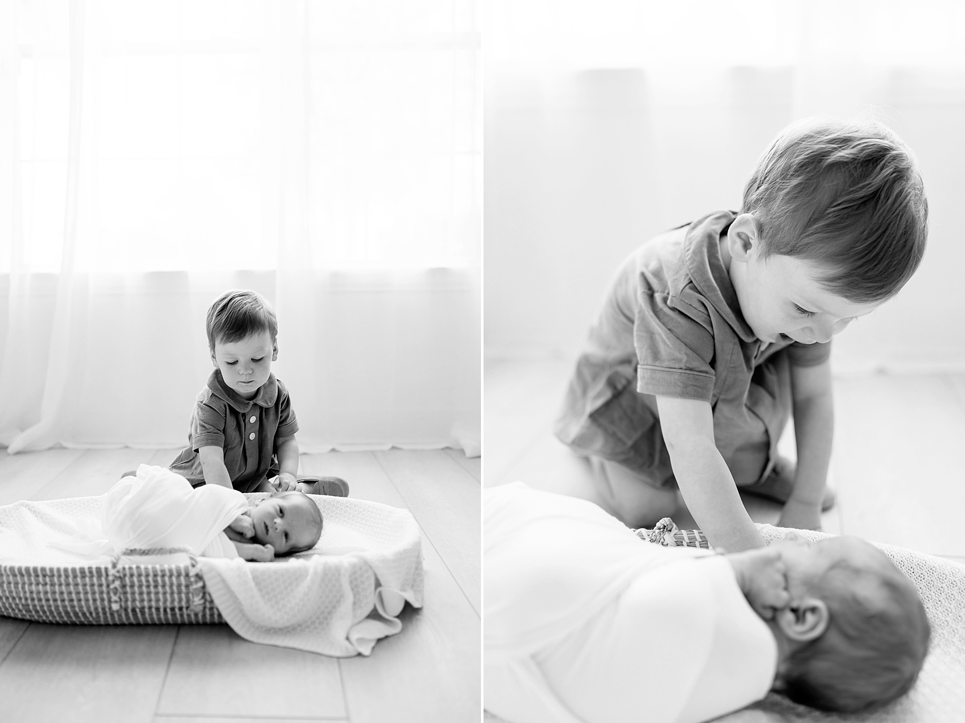 Sibling photos of big brother with newborn during timeless, baby-led newborn session