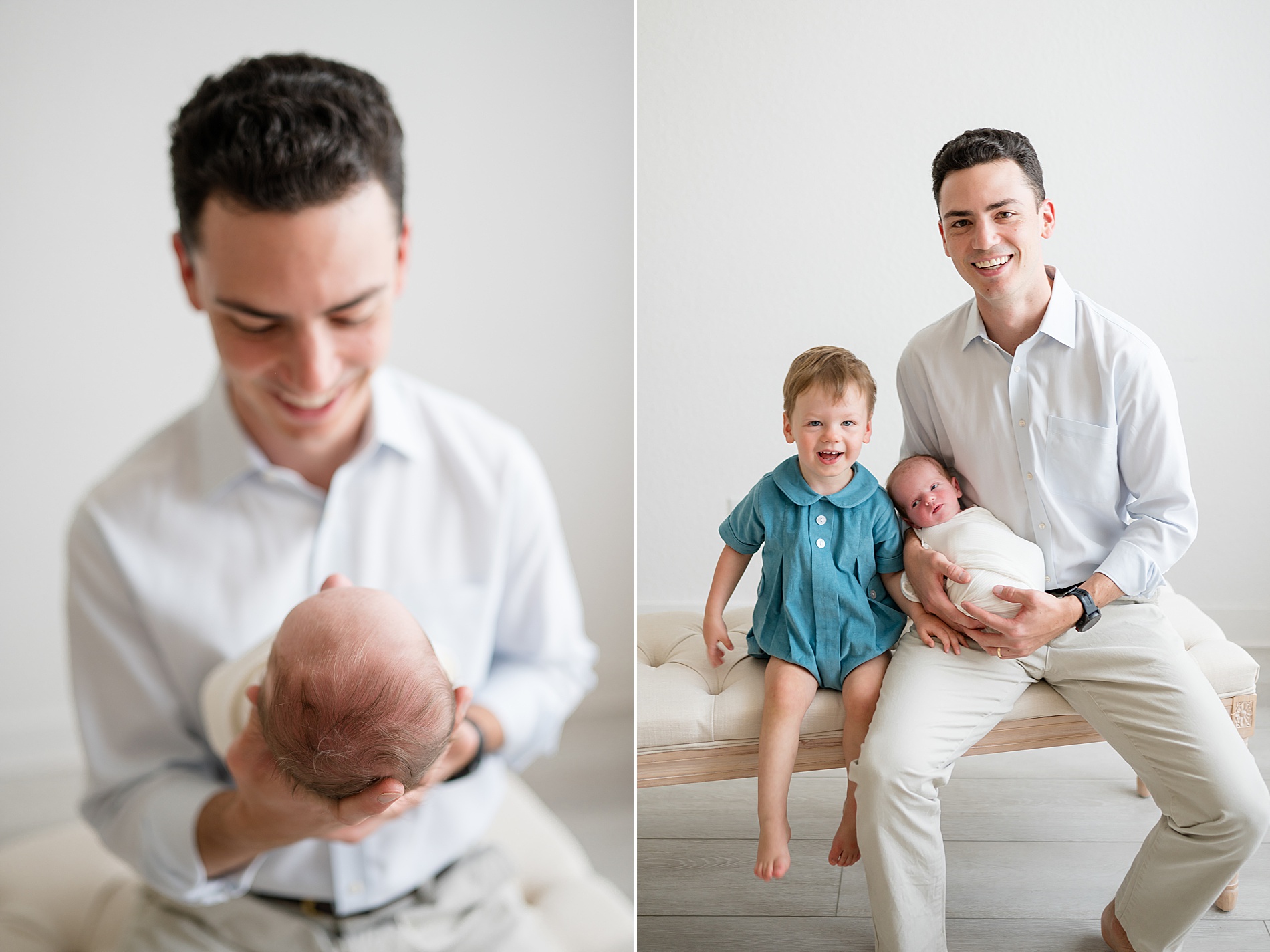 dad with sons during Simple Baby-Led Newborn Photography session by newborn photographer in Plano, TX