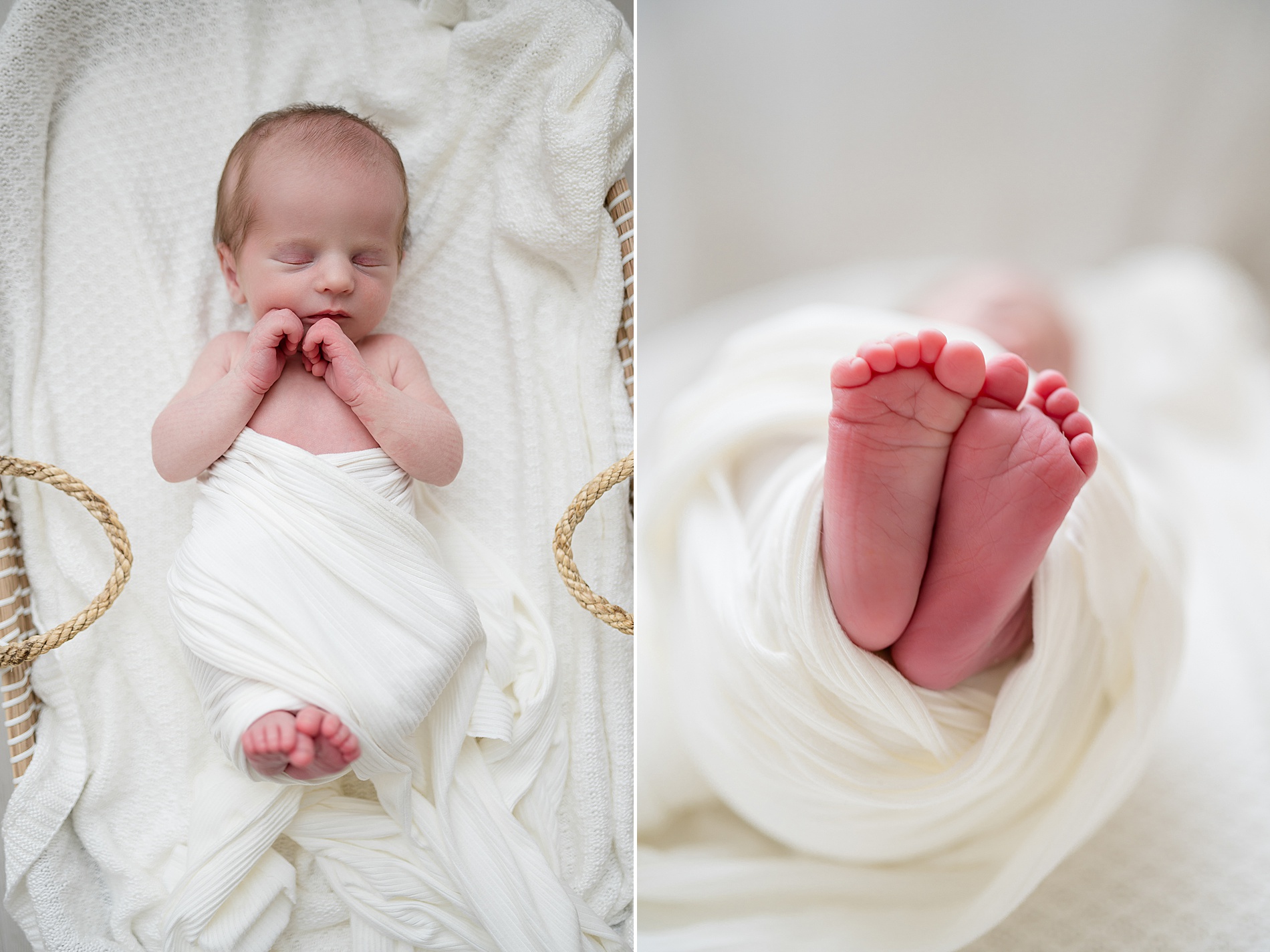 newborn swaddled in white blanket Newborn photographer in Frisco Texas