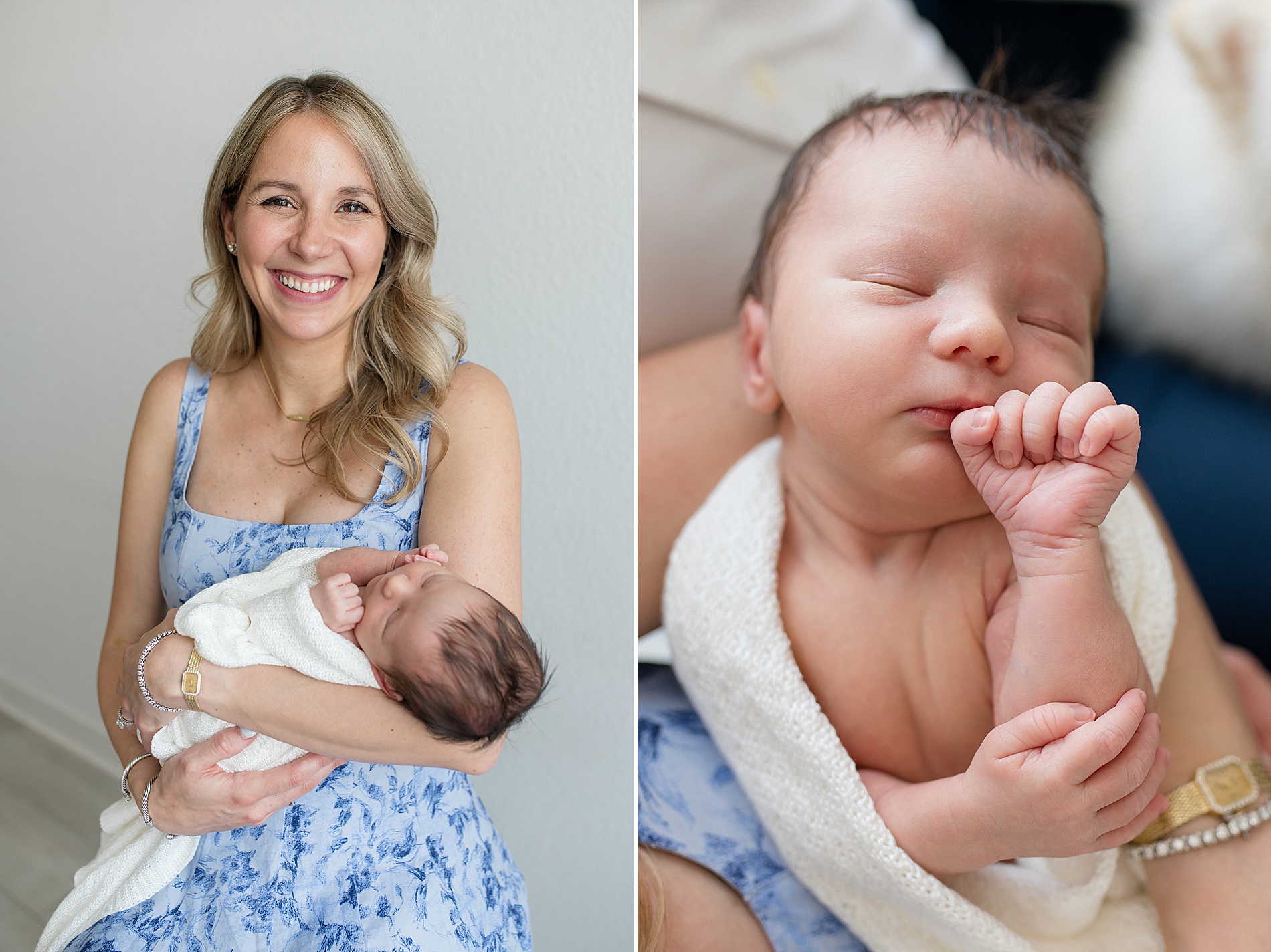 mom holds newborn wrapped in white blanket