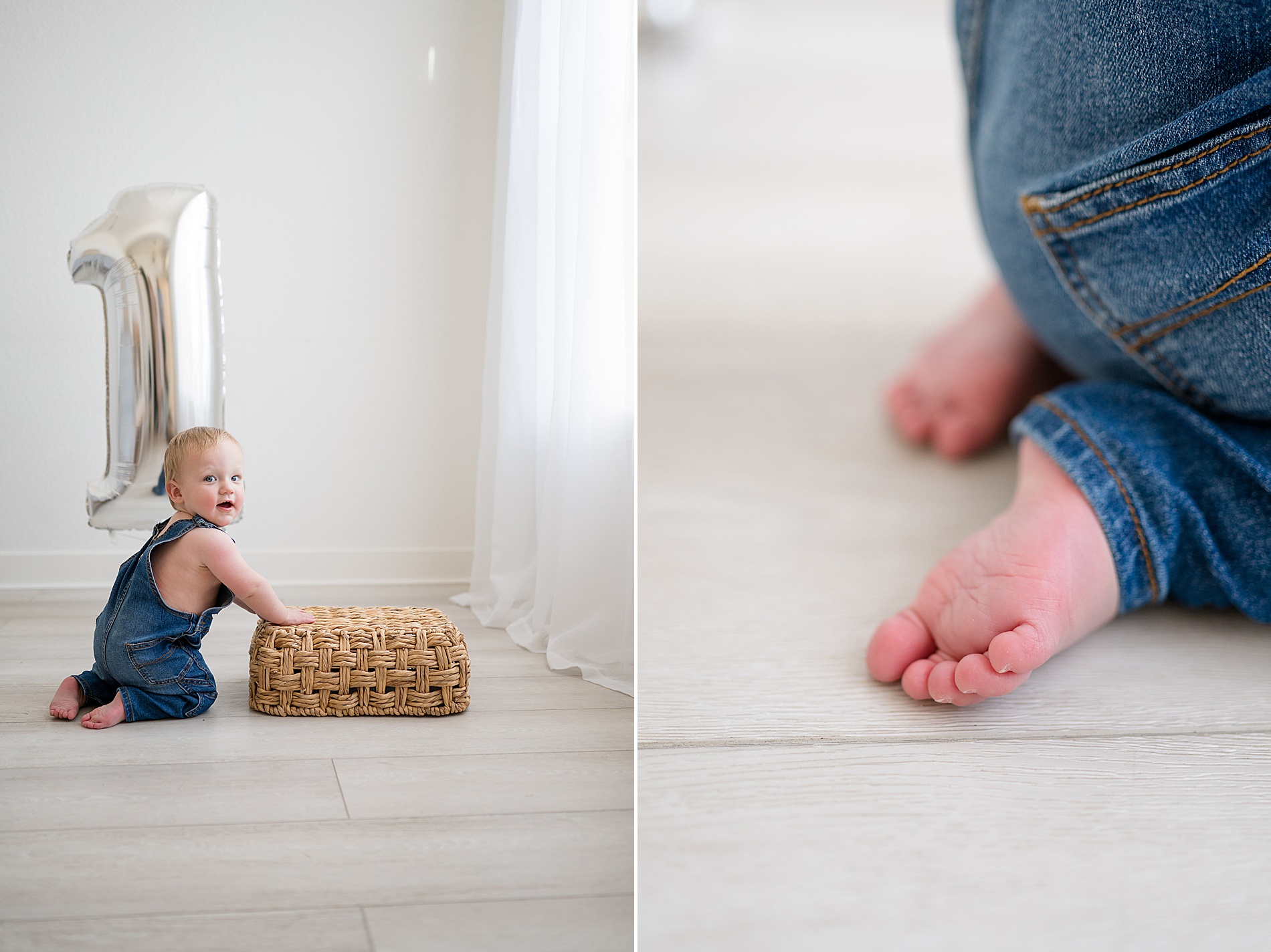 baby boy crawls around floor with number 1 balloon