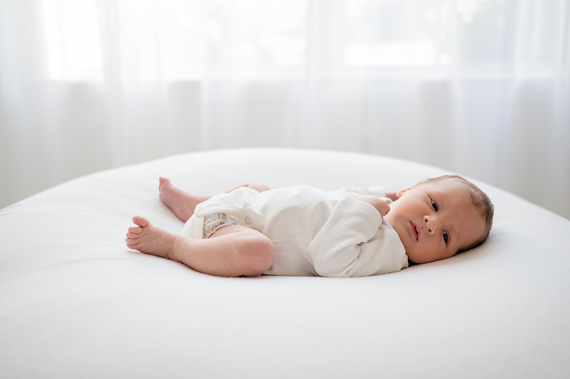 newborn lays on white pillow by window in Texas studio