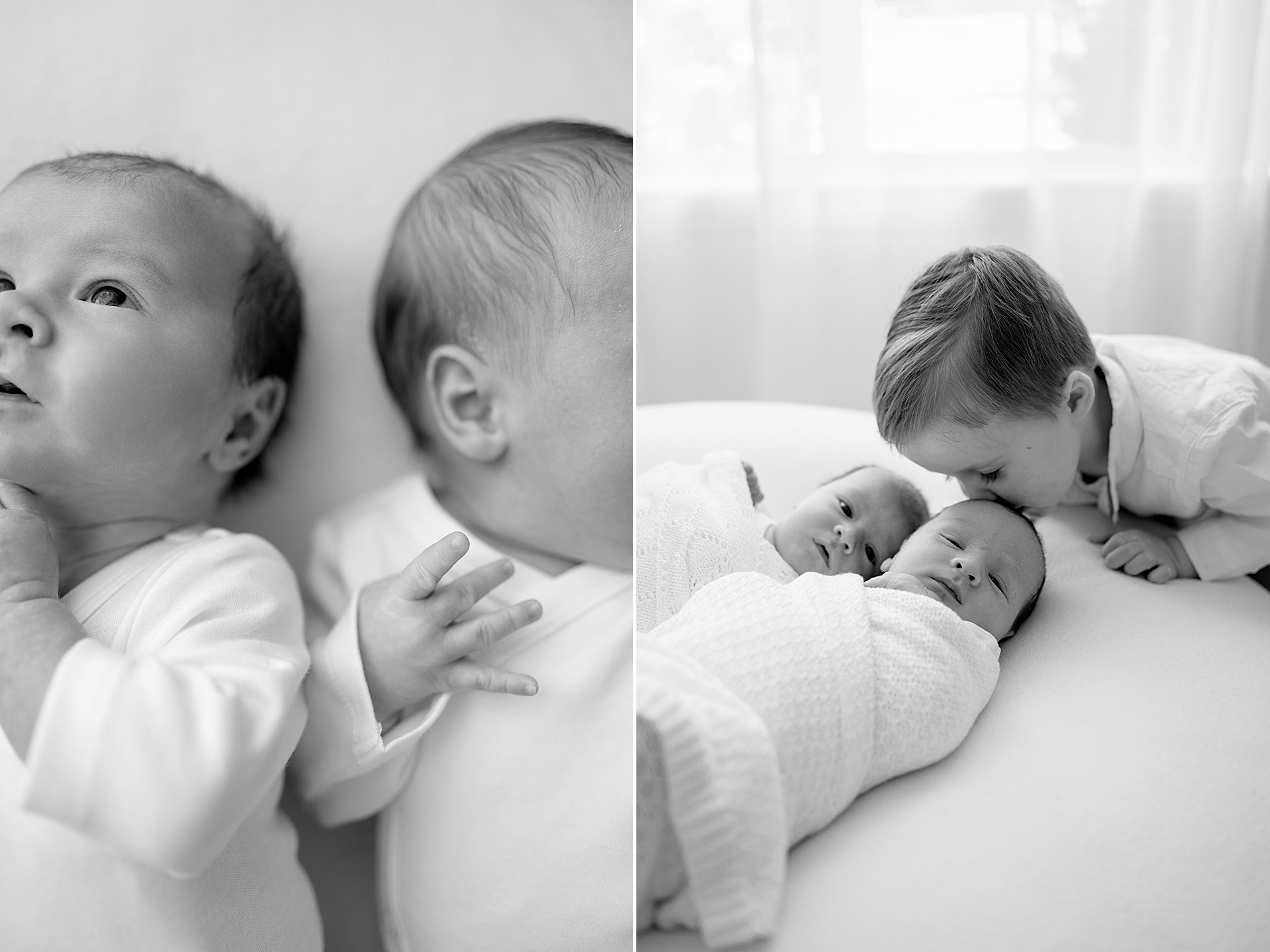big brother kisses twin siblings heads during studio newborn session by Frisco TX newborn photographer