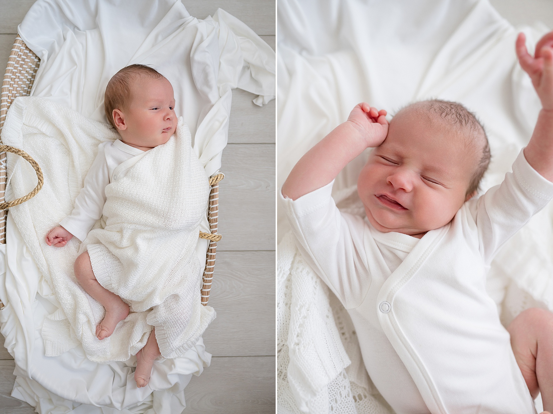 Twin newborns with different personalities captured during this baby-led studio session