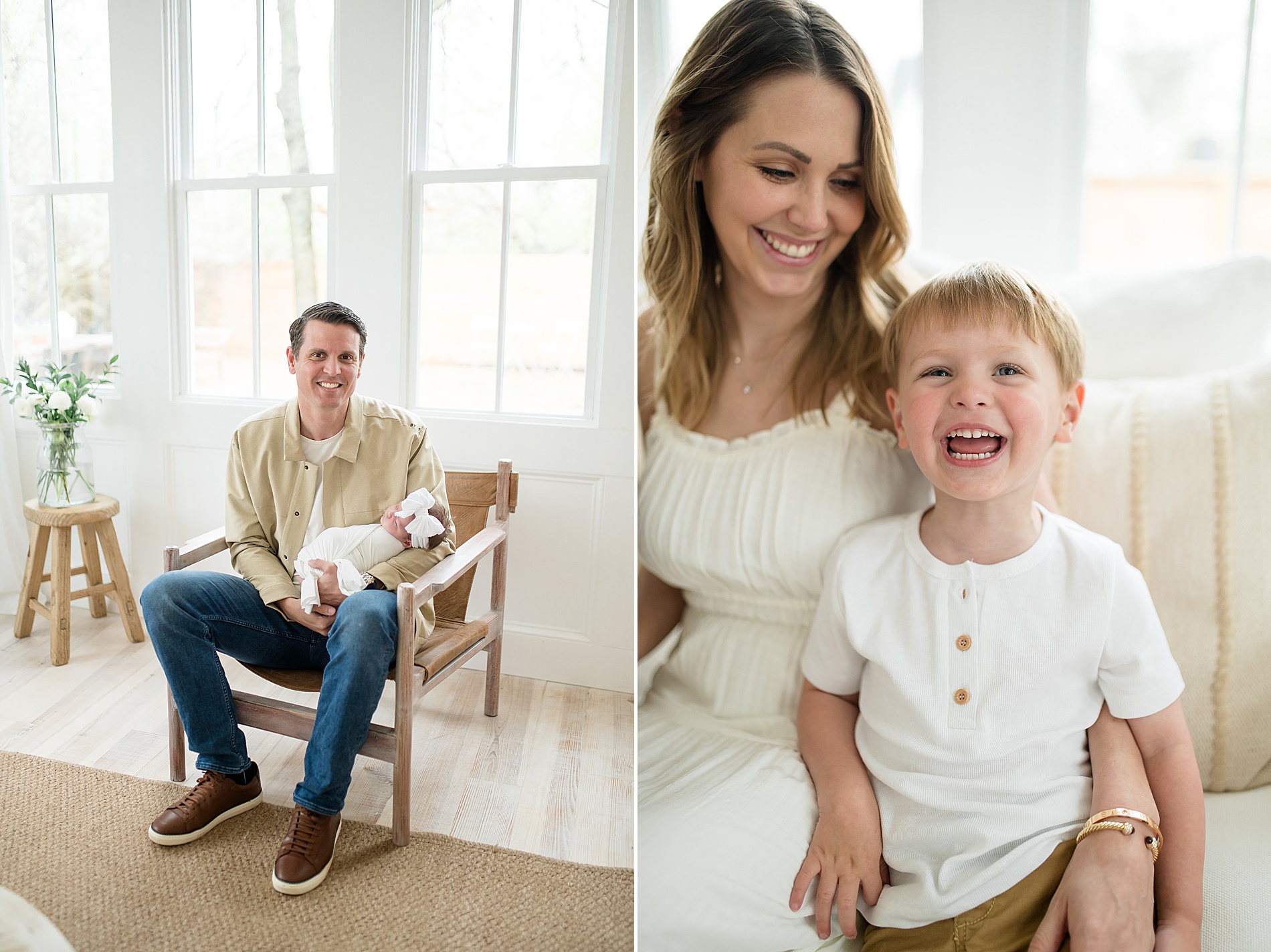 dad holds newborn as mom sits with older son