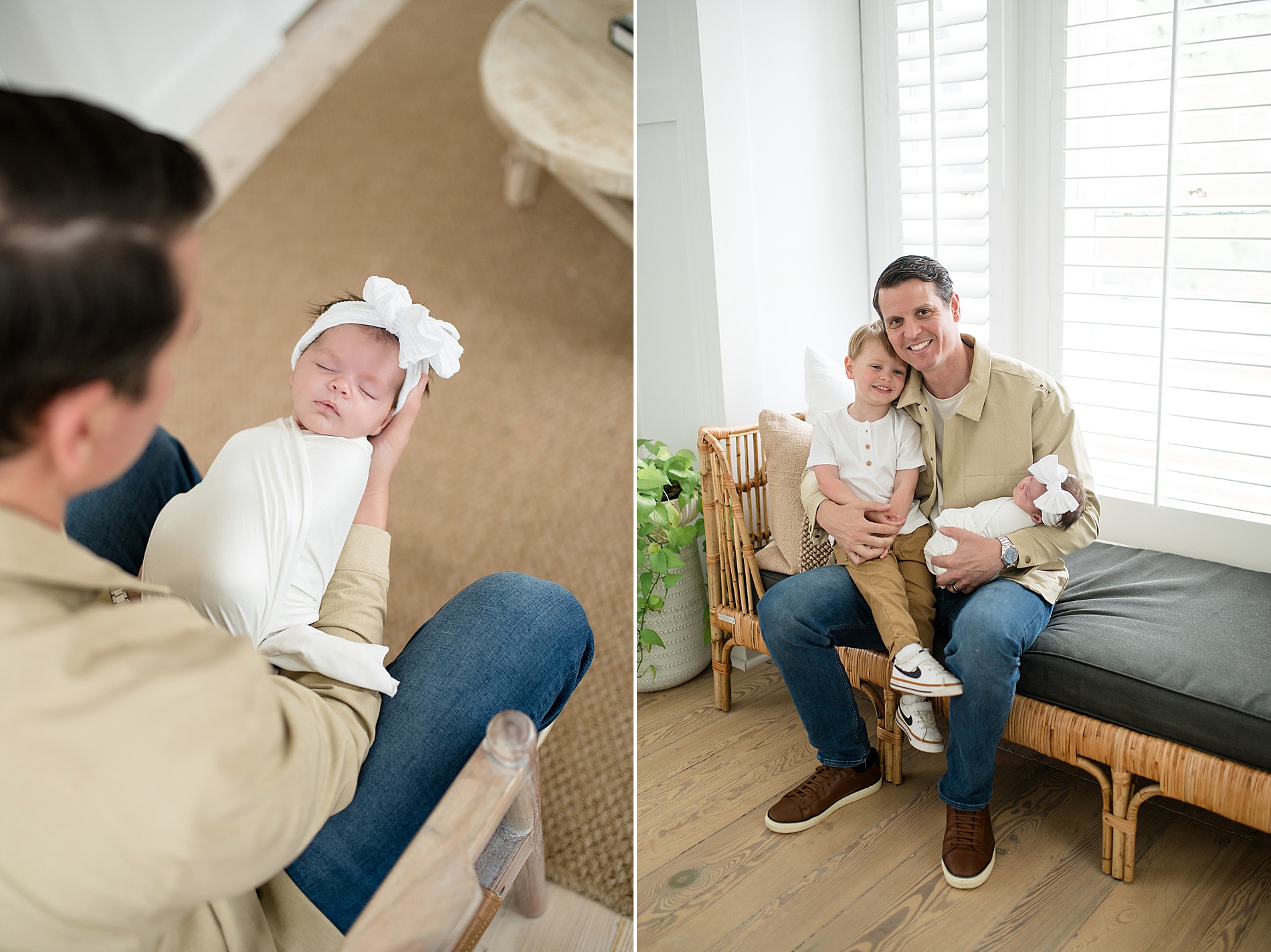 dad holds newborn girl and older son 