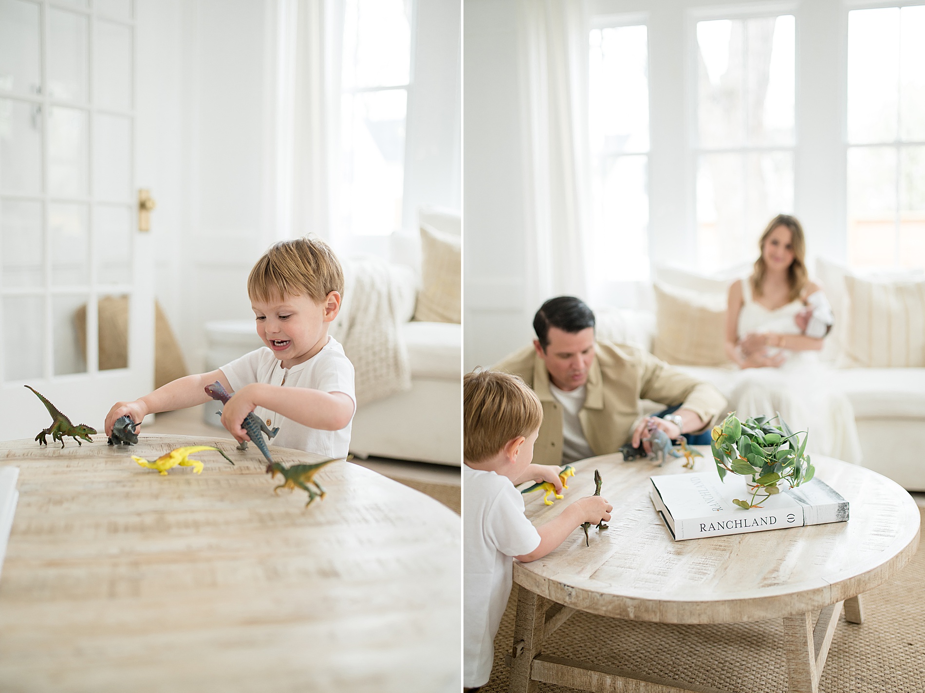 little boy plays with dinos during Beverly-Harris House Newborn Session