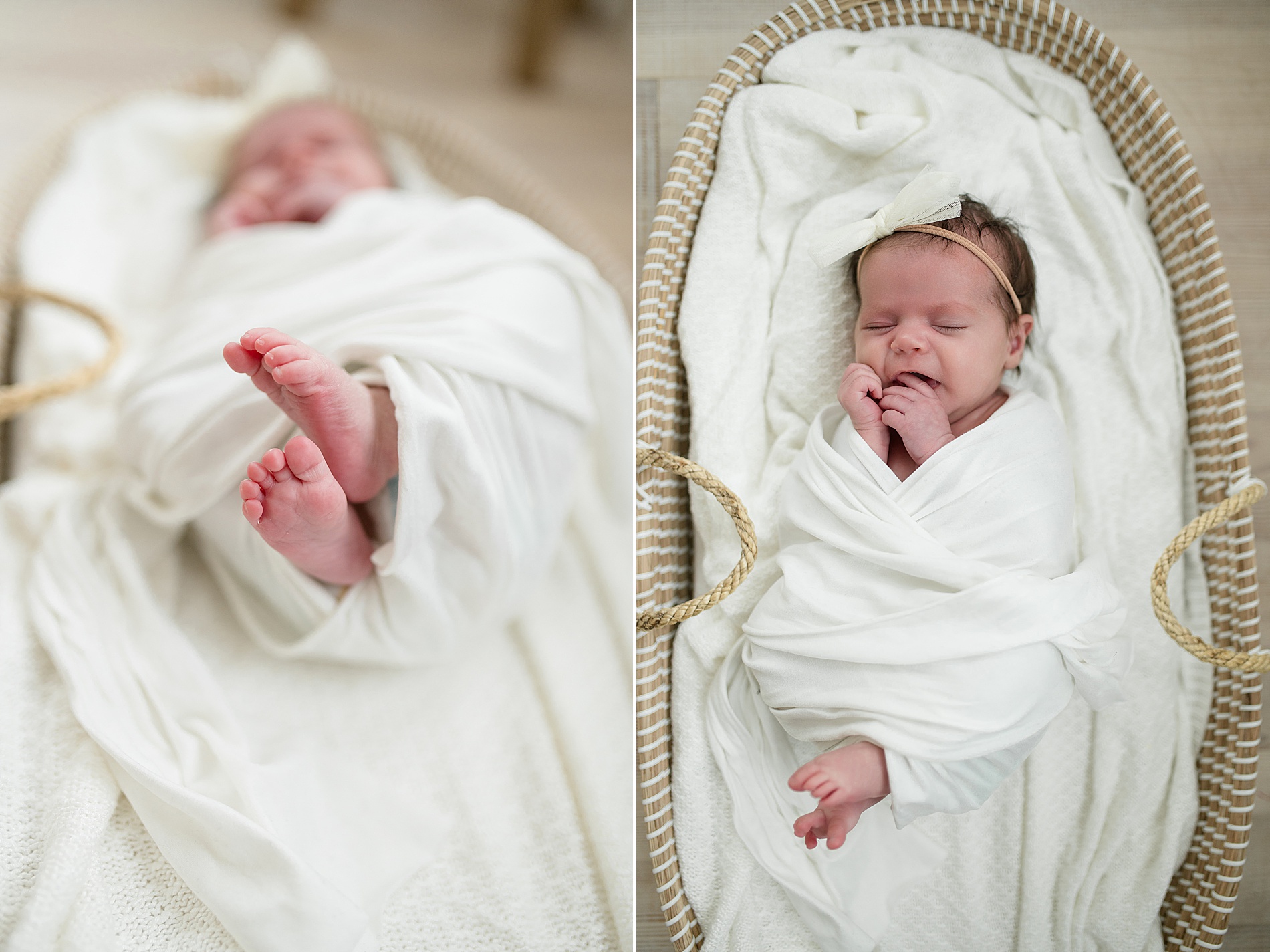 newborn girl wrapped in white blanket in bassinet 