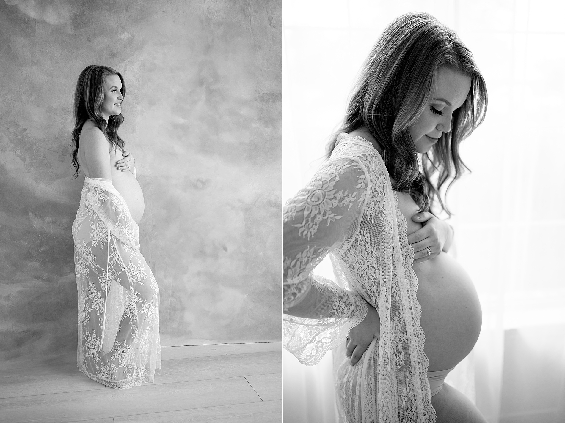 timeless maternity photos of woman in lace robe by Dallas Motherhood Photographer