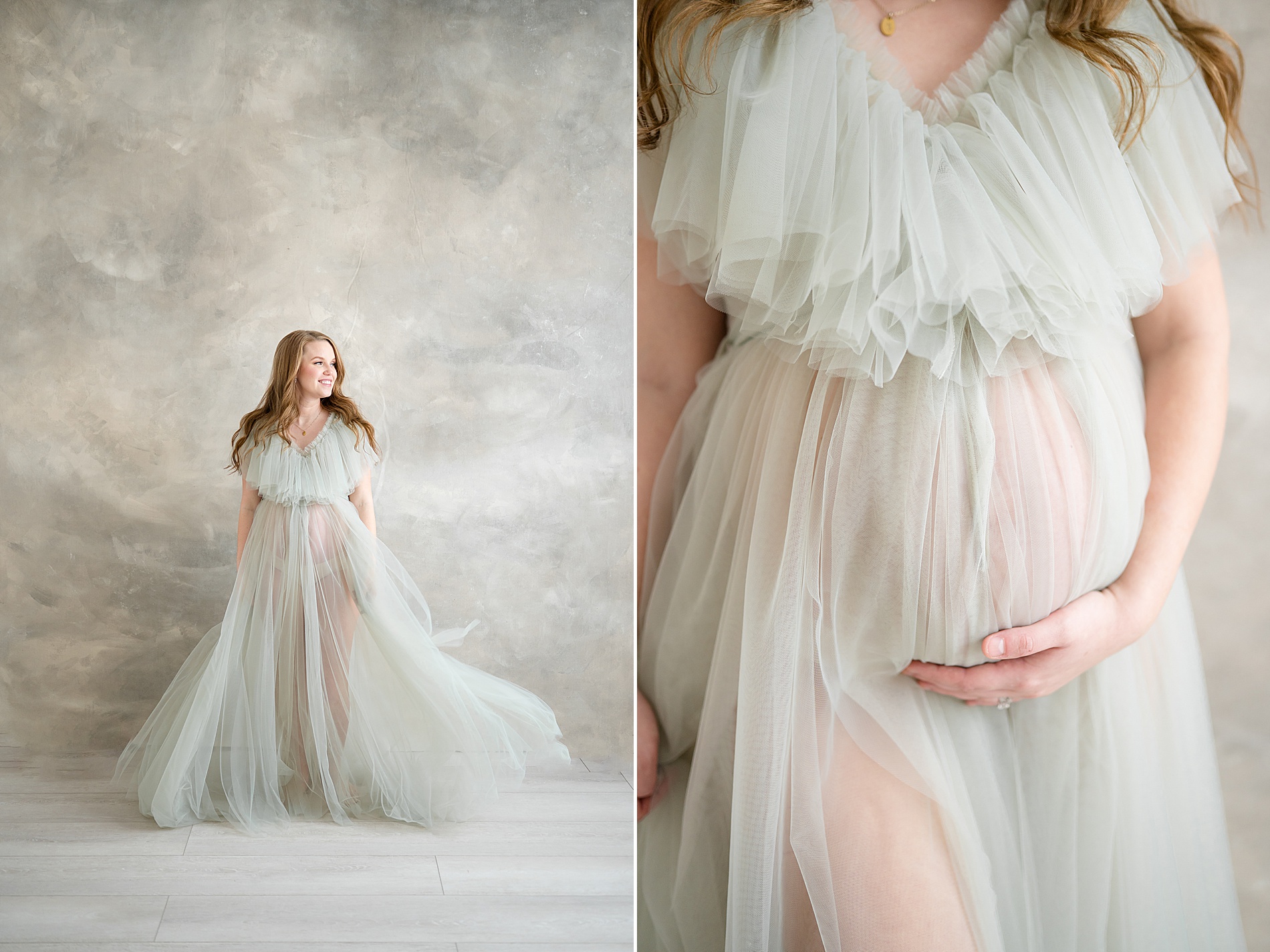 expectant mom in light green tulle dress