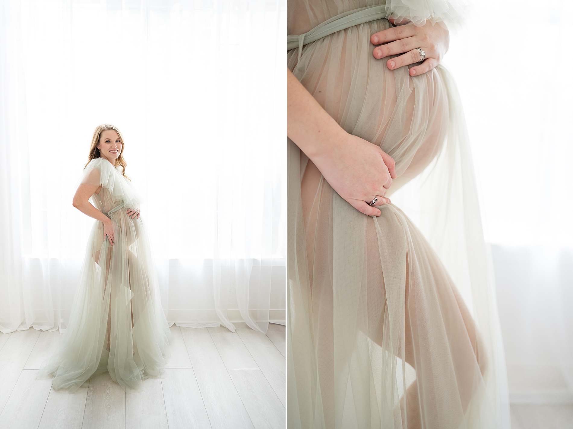 woman in tulle dress shows off her baby bump by motherhood photographer in Dallas