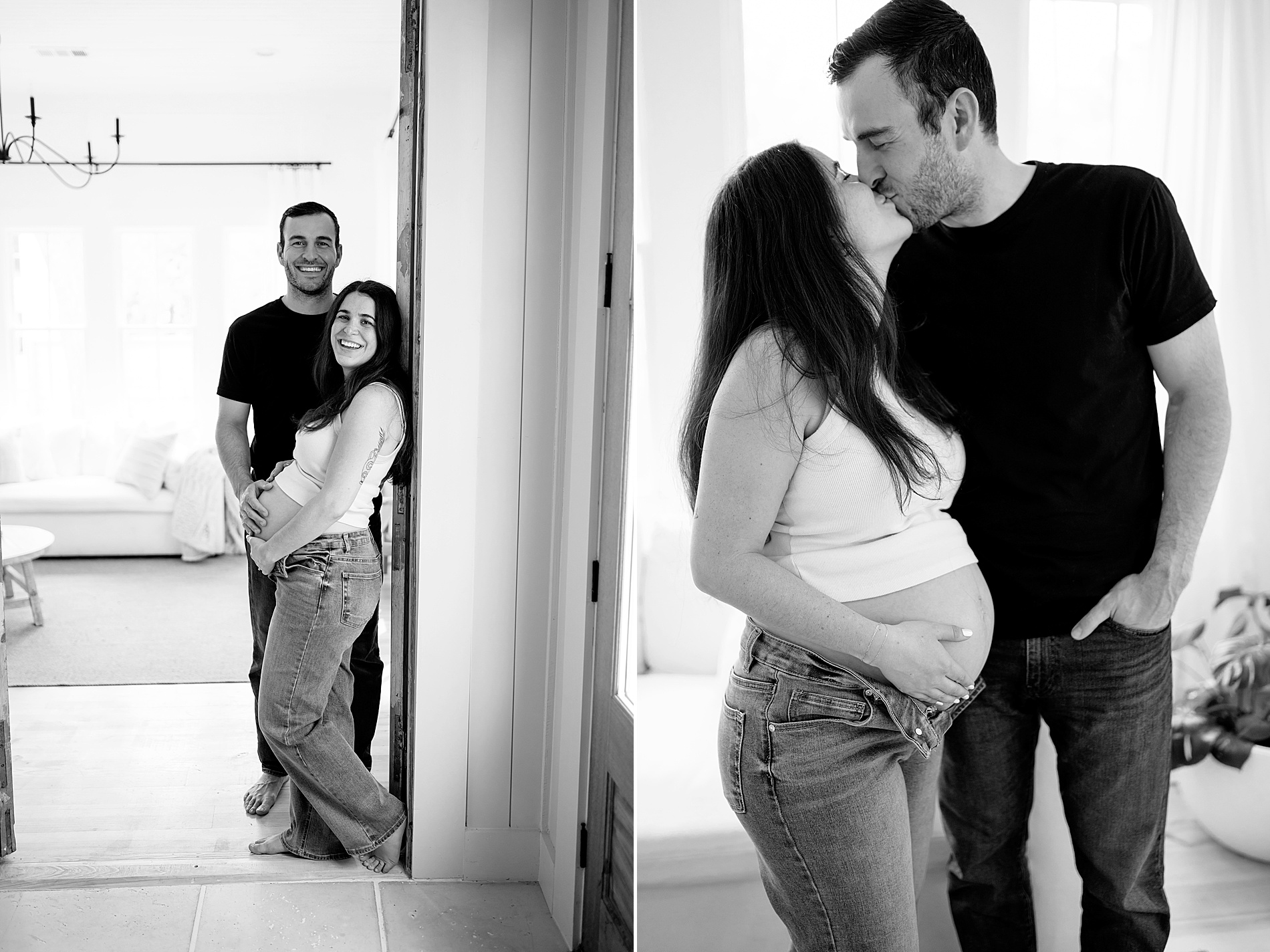 expectant parents lean against door frame