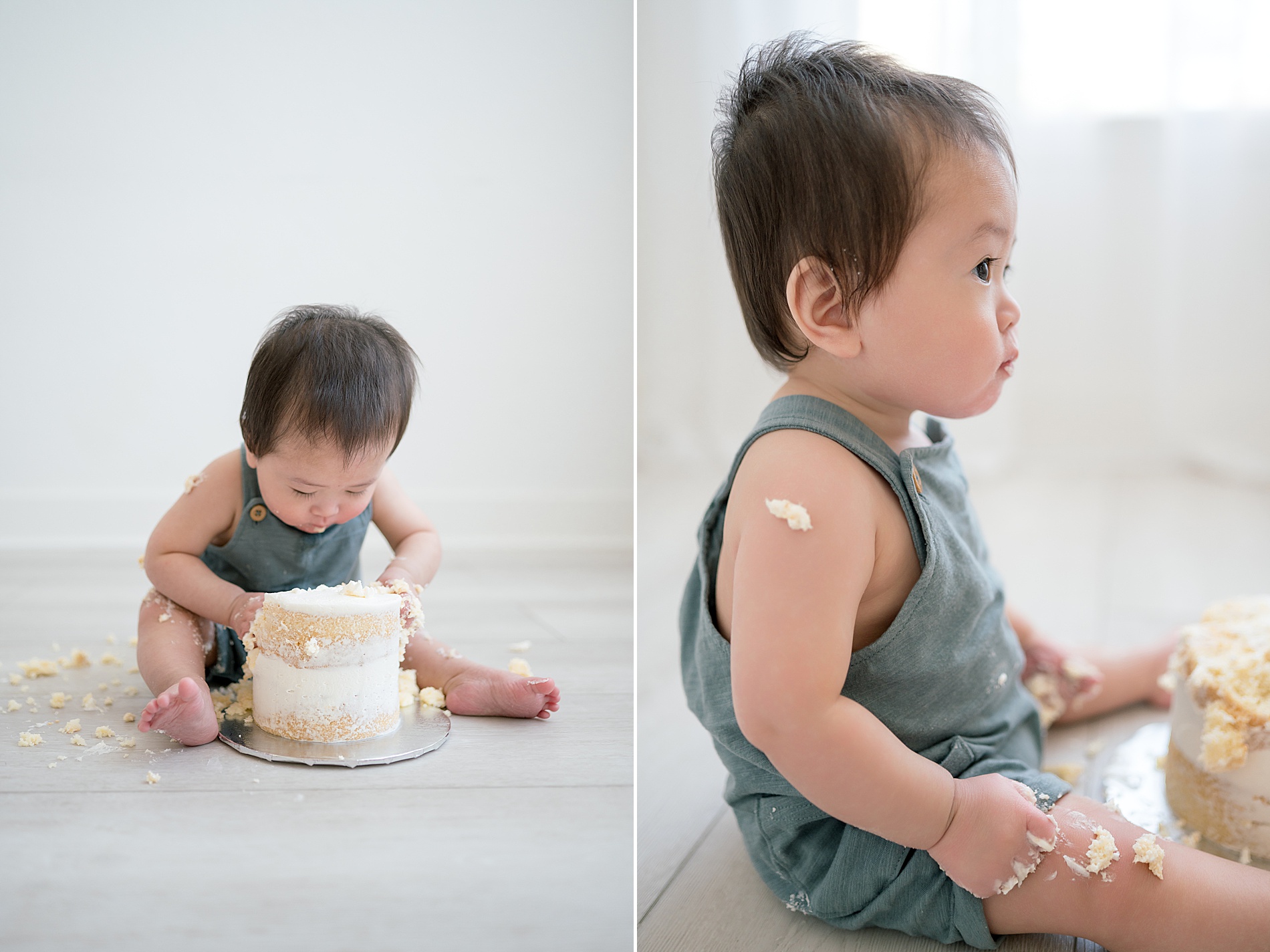 boy with cake all over him during First Birthday Cake Smash Session