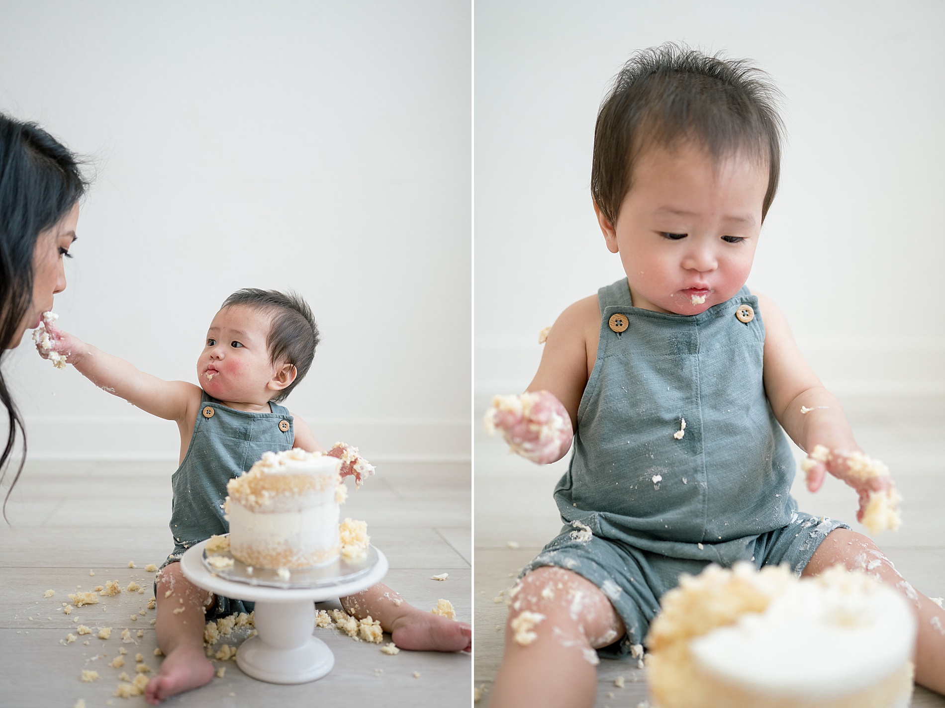 little boy enjoys first birthday cake