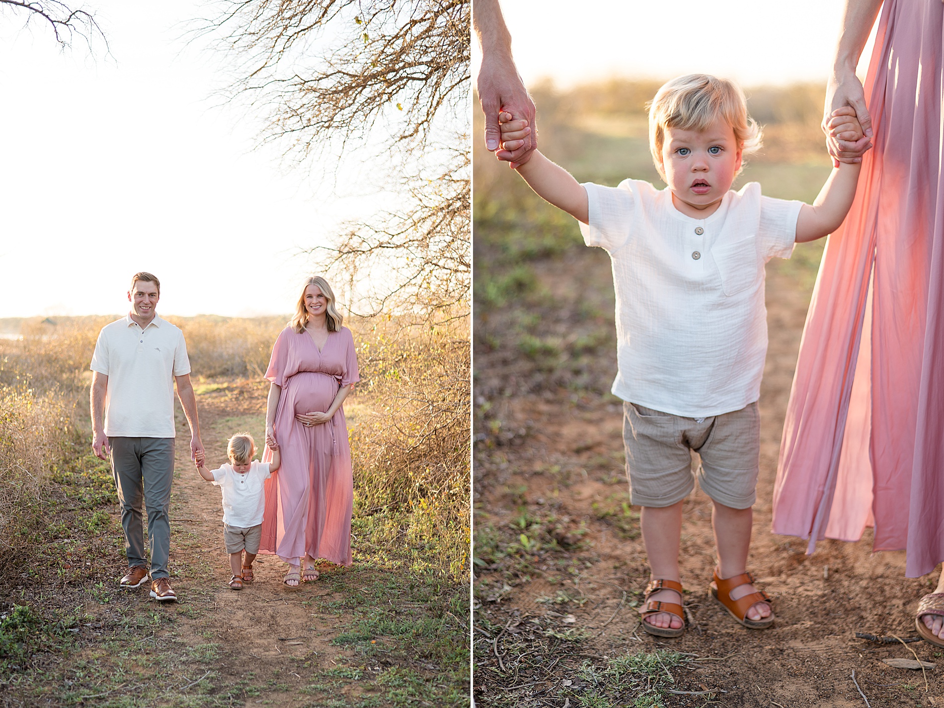 parents hold their son's hand as they walk together