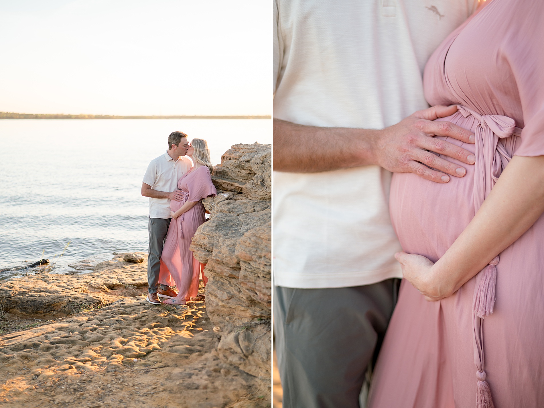 husband places hand on wife's baby bump