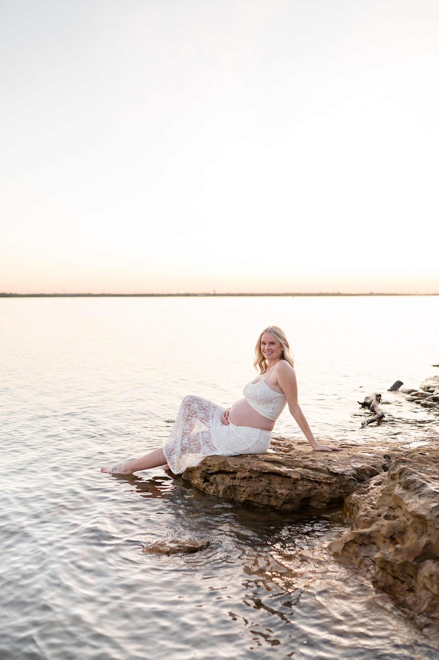 glowing momma-to-be during Winter Lakeside Maternity Session in Flower Mound, TX