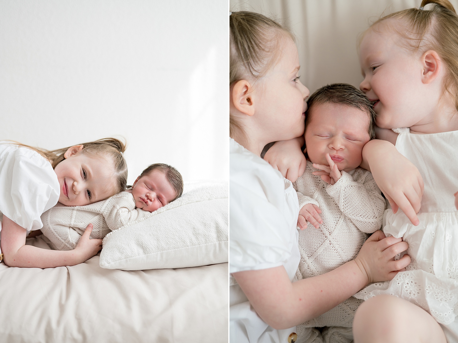 2 sisters kiss baby brother's head