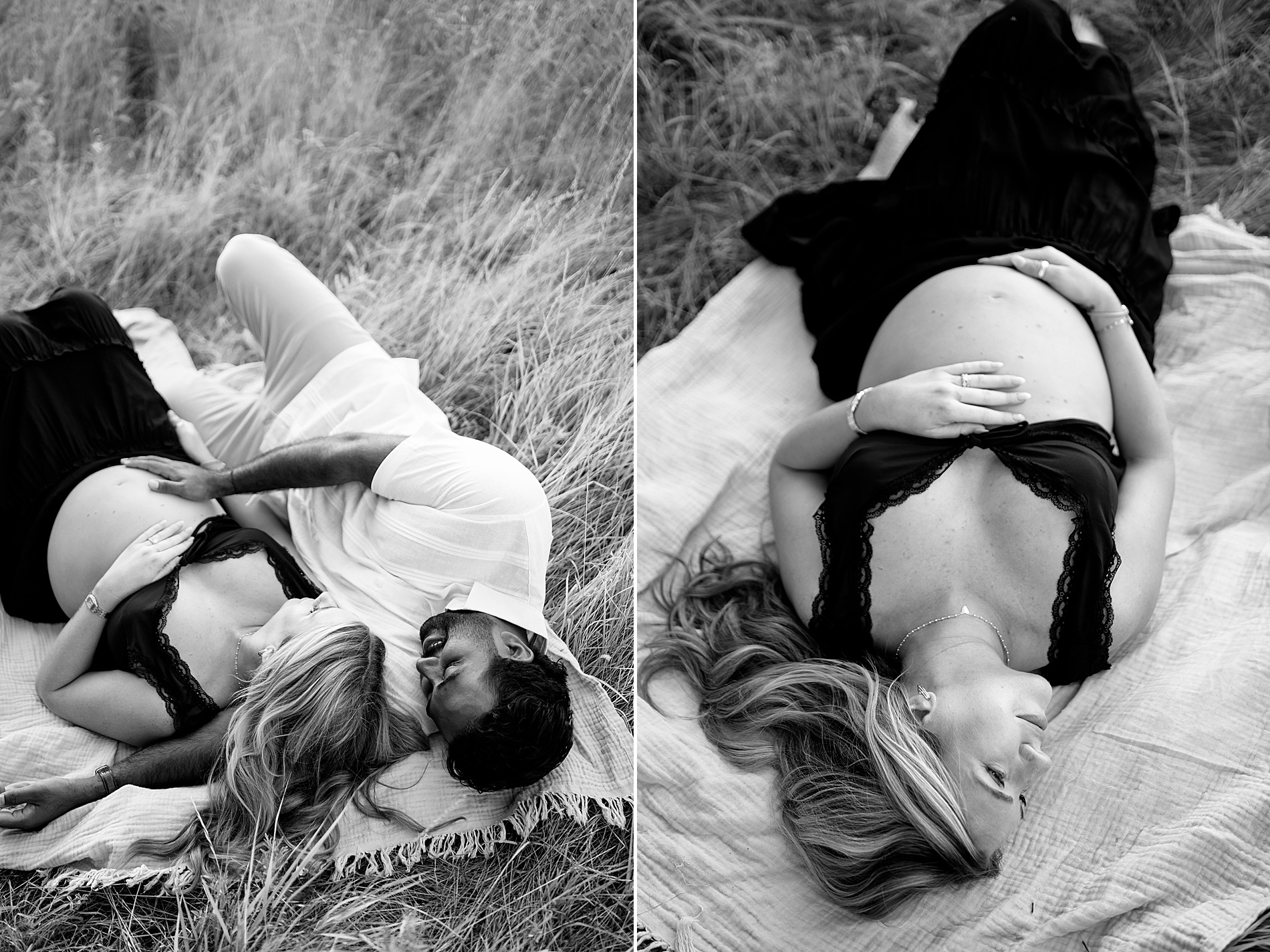 couple lay on blanket in grassy field