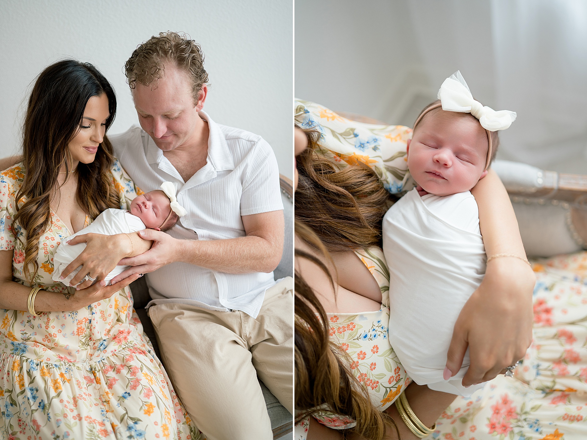 parents admire their newborn girl during Little Elm studio newborn session